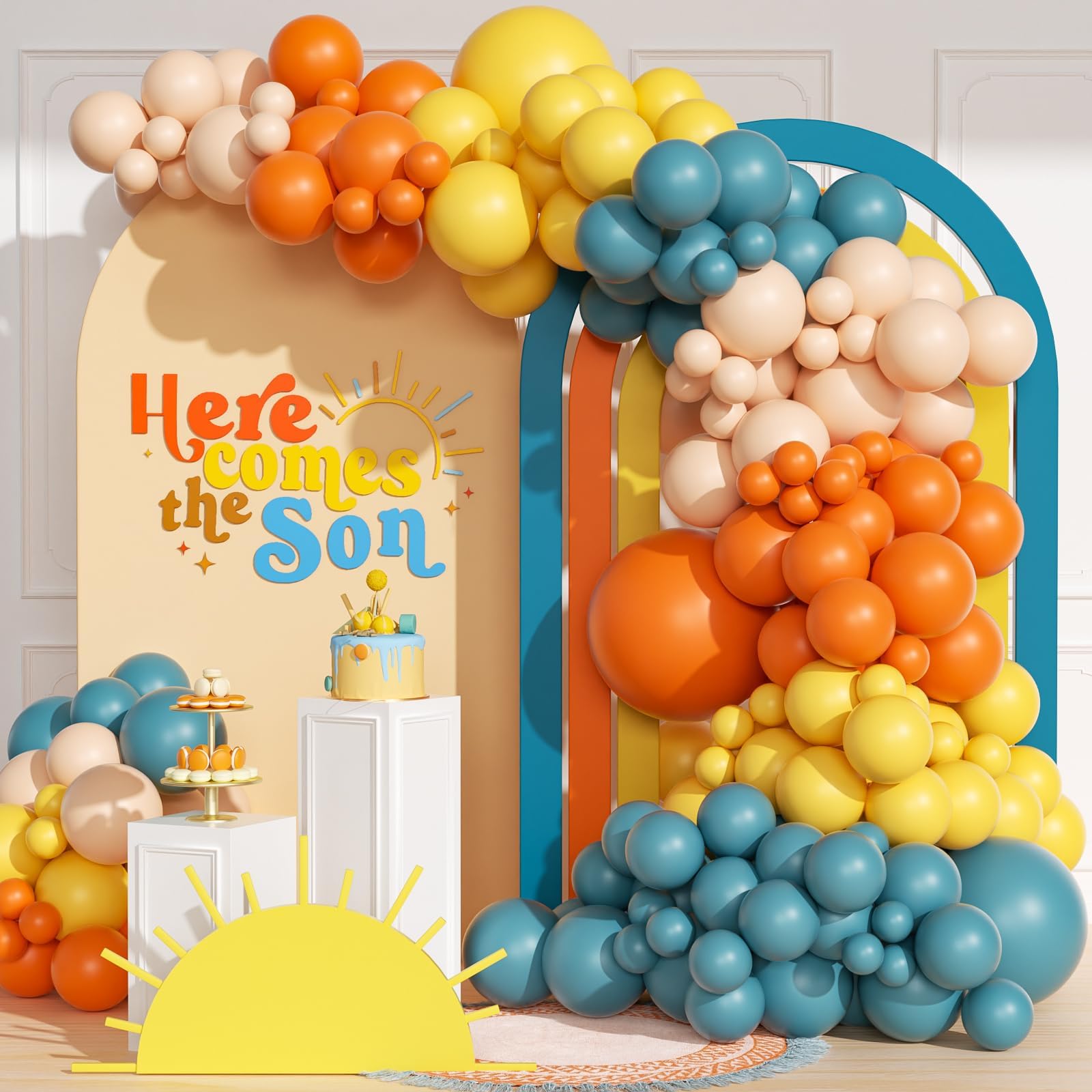 Photo 1 of 151pcs Here Comes the Sun Balloon Garland Arch Kit, Boho Retro Dusty Slate Blue Burnt Orange Mustard Yellow Balloons for Here Comes the Son Baby Shower Decor