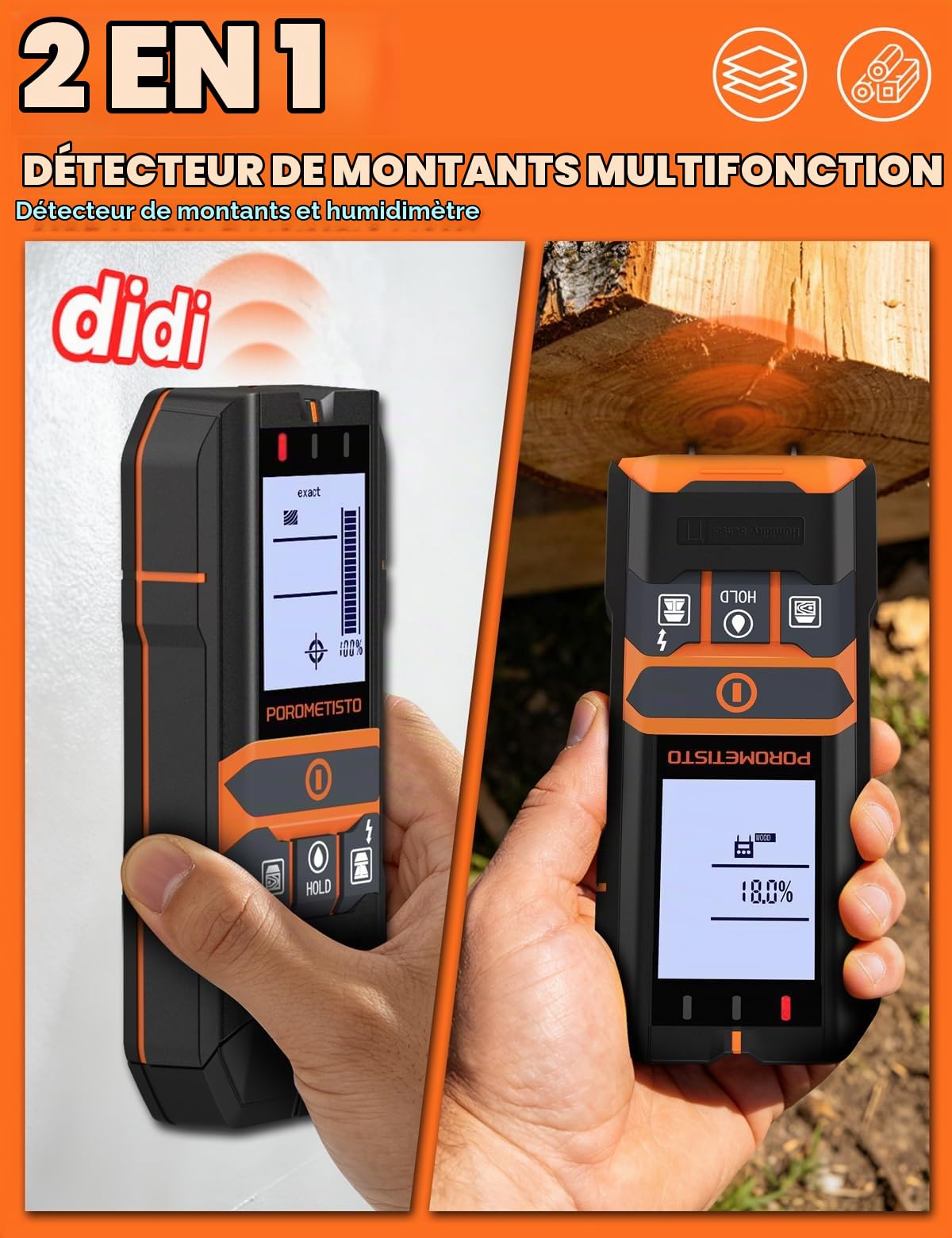 Détecteur de Montants Mural et hygromètre 2-en-1 DSF06, POROMETISTO | Scanner adapté au Bois, au métal et aux câbles électriques Secteur