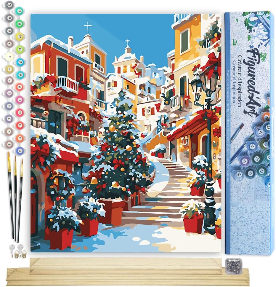 Figured'Art Paint by Numbers for Adults Mediterranean Christmas Village 16x20in - Craft Art Painting Rolled Canvas with DIY Wooden Frame