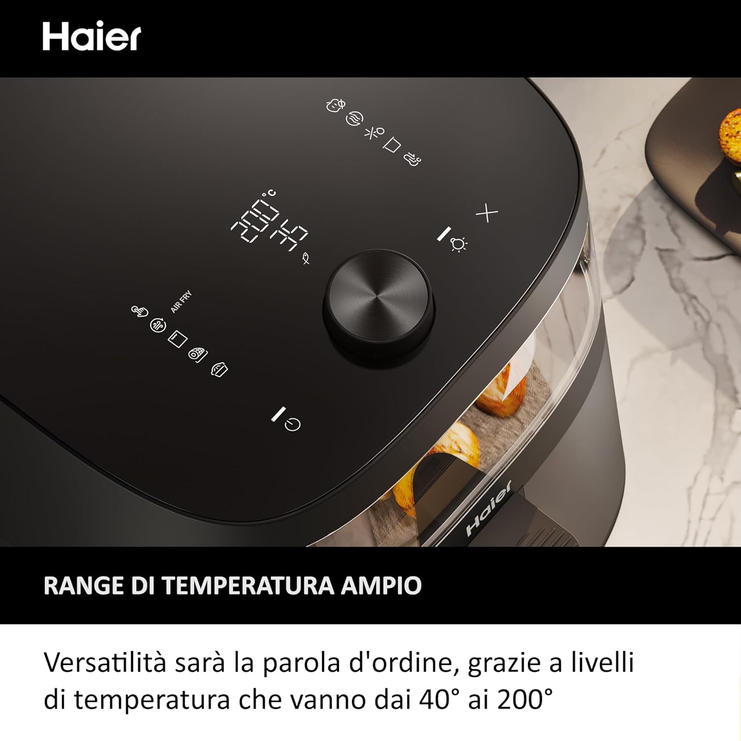 Pannello di controllo della friggitrice ad aria Haier con display digitale per temperatura e tempo