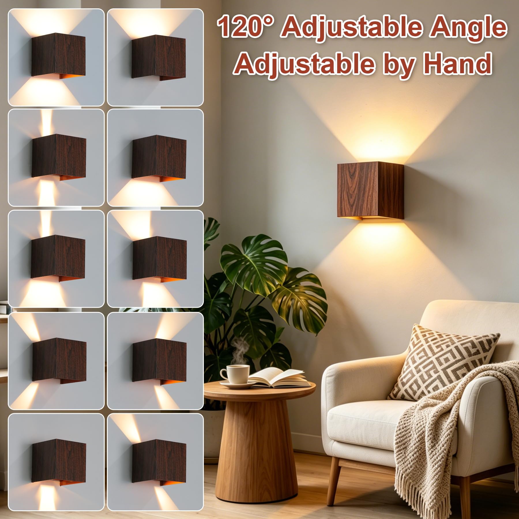 CANMEIJIA Aplique Pared Exterior Efecto Madera de Nogal 12W 3000K IP65 2 P | Lámpara de pared con deflectores internos que permiten regular el haz de luz desde 20 hasta 150 grados fácilmente