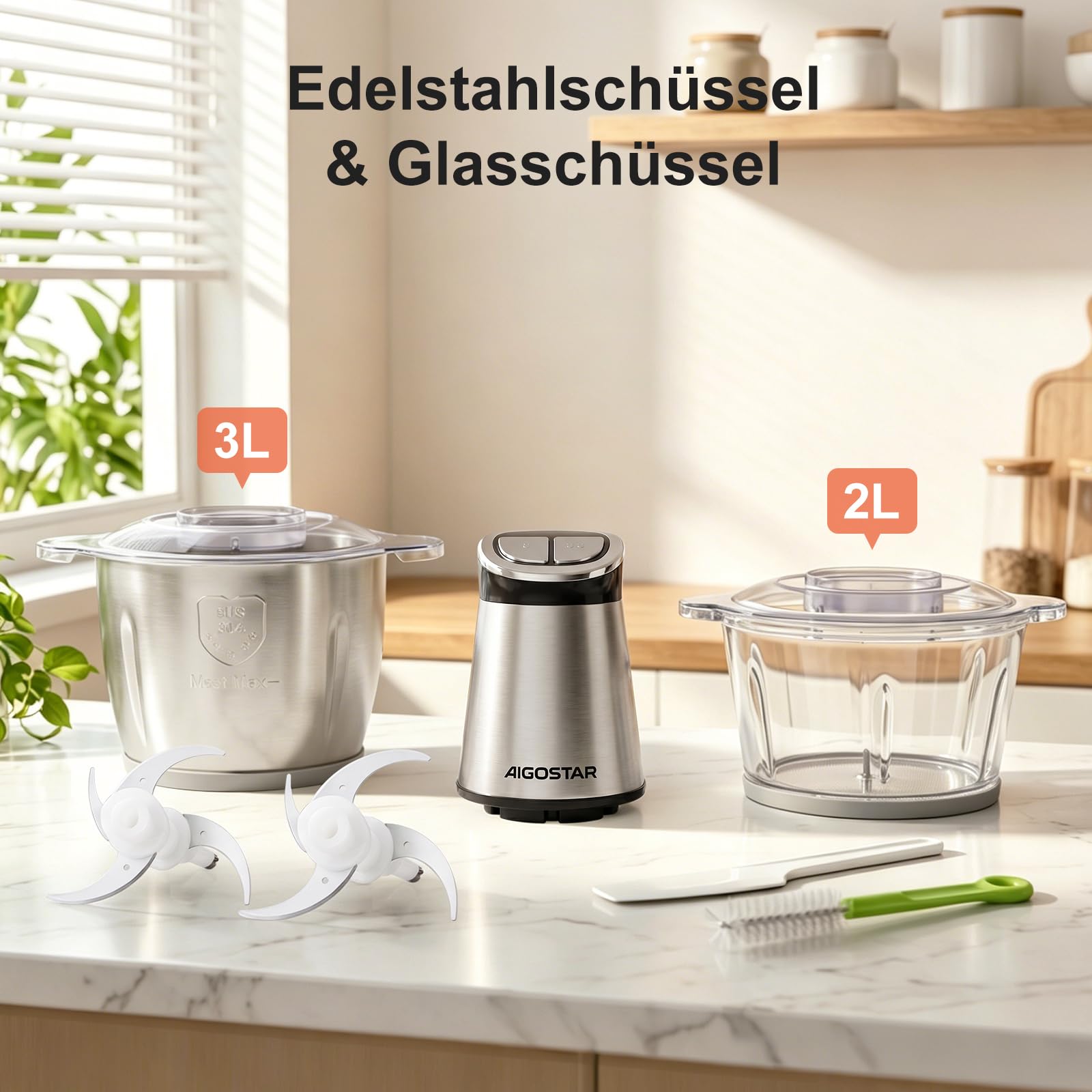 Aigostar Zerkleinerer Küche Elektrisch mit LED-Timer 2 Schüsseln (3L + 2L)