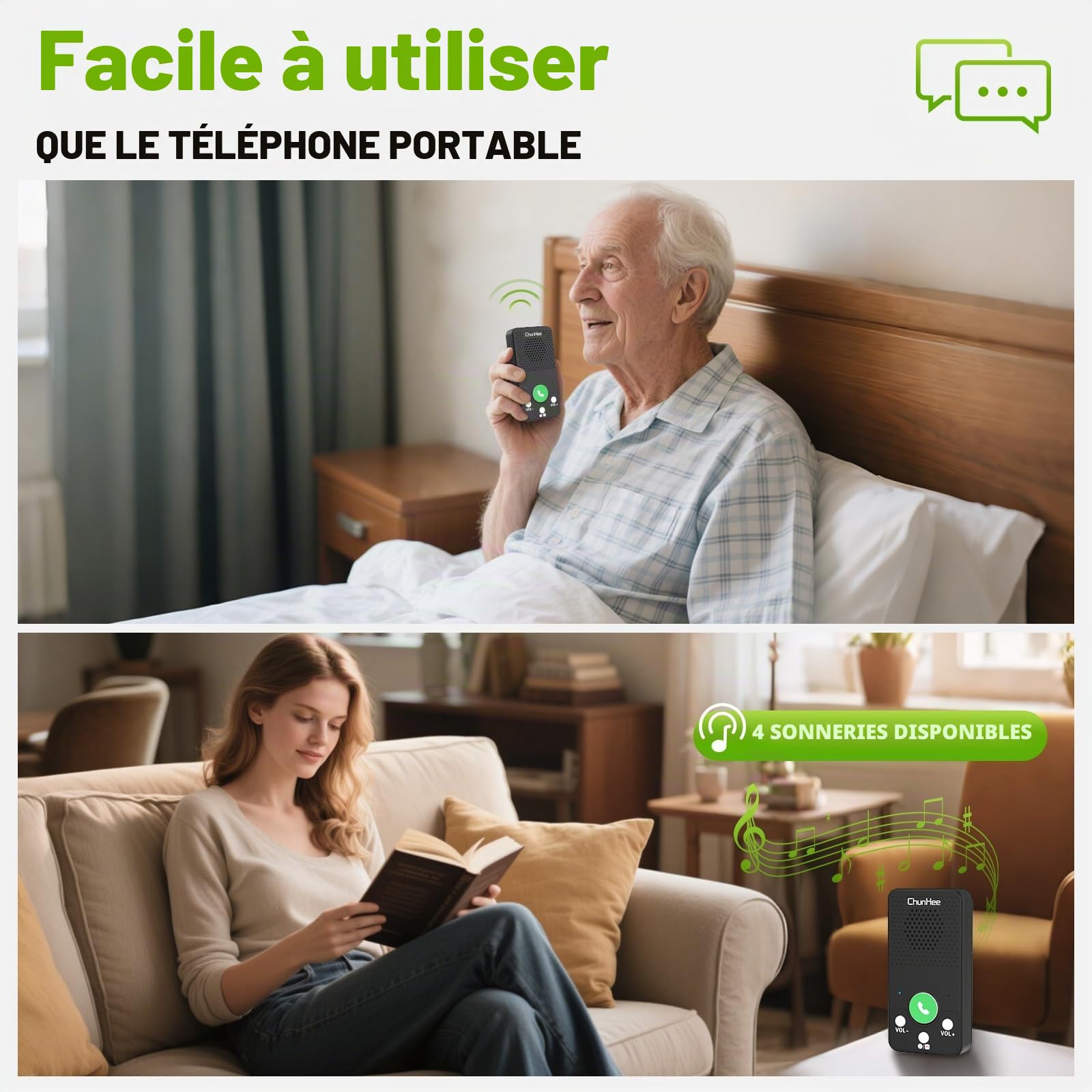 ChunHee Système d'interphone duplex complet pour la maison, système d'interphone à 2 voies | Simple à utiliser, un seul bouton pour appeler/répondre, rechargeable, léger, bon son, interphone pour les personnes âgées