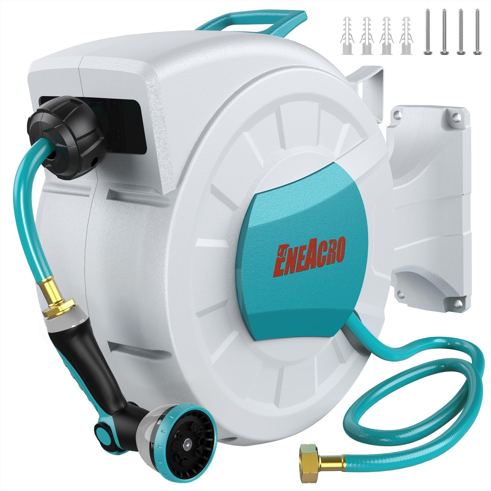 Retractable Garden Hose Reel with Wall Mount 1/2"×100ft with 10 Pattern Hose Nozzle, Brass Connector, Auto Rewind/Any Length Lock/ 180° Swivel Bracket, Ideal for Garden Watering