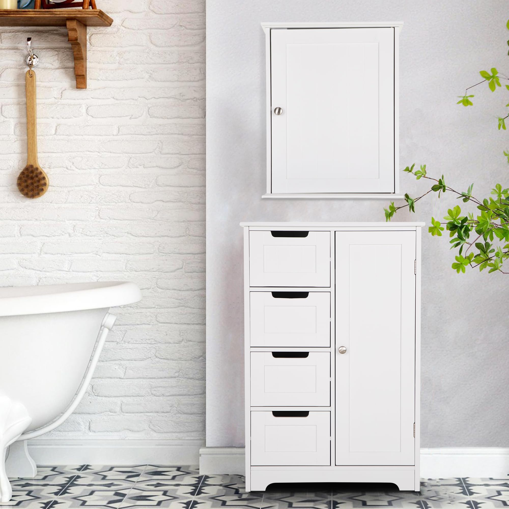 Sophia & William Bathroom Cabinet Set with Adjustable Shelves, Bathroom Floor Cabinet with 4 Drawers and 1 Door, Bathroom Wall Cabinet Medicine Cabinet with 1 Door