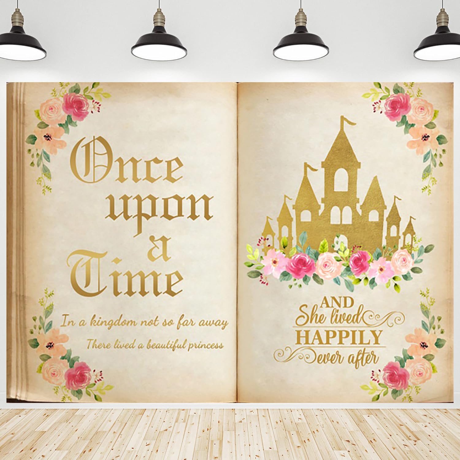 CRTPOD Once Upon a Time Backdrop Pink Red Floral Gold Castle Princess Fairytale Book Background Photography Banner for Girls Birthday Party Decorations Supplies Photo Studio Photobooth Props 7x5ft