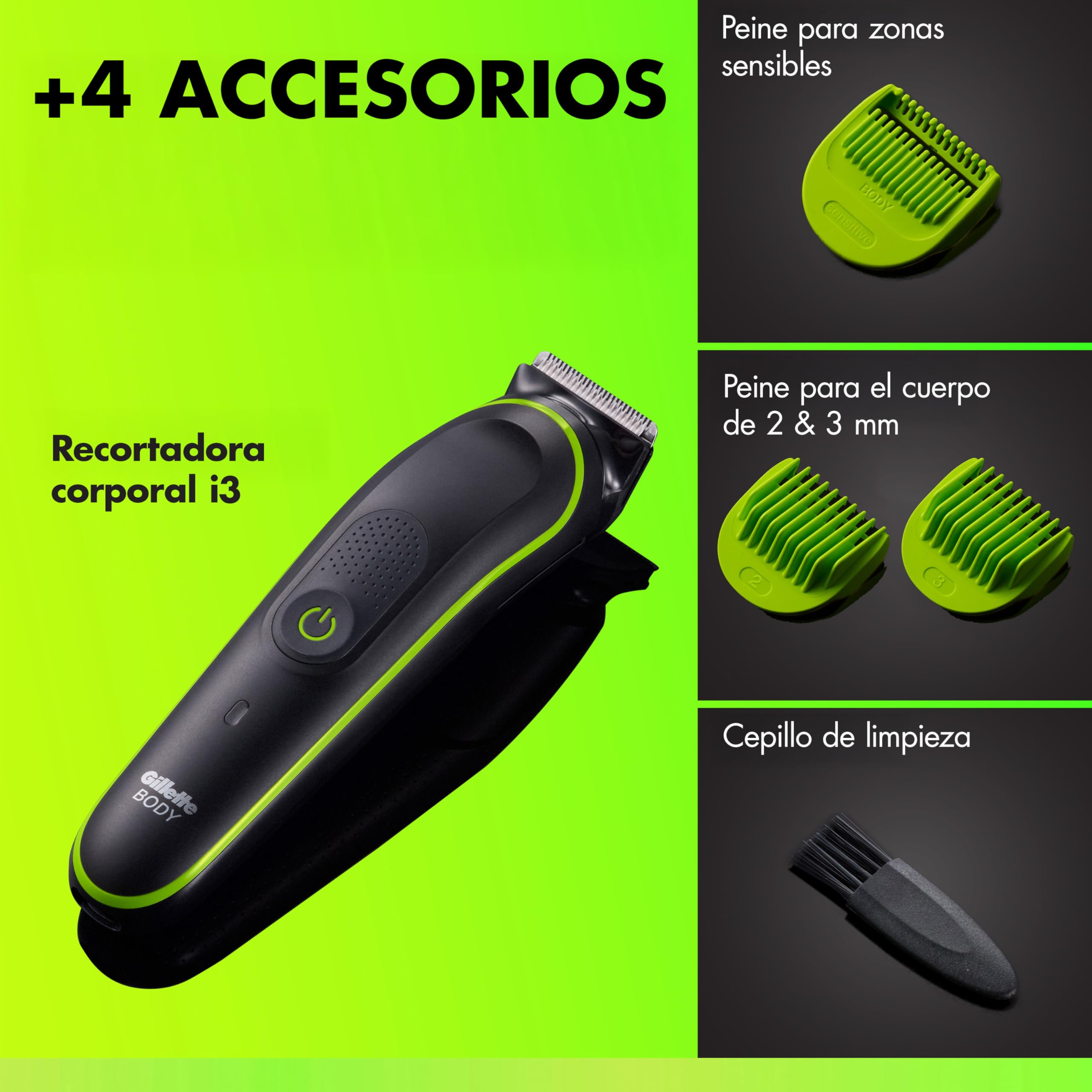 GilletteLabs i3 Body + Intimate Afeitadora Corporal Masculina con 3 Peines, Negro/Verde - Depiladora Corporal Hombre Impermeable, Tecnología Skinfirst, 80 min de Uso, Rasura el Cuerpo Y Zona íntima