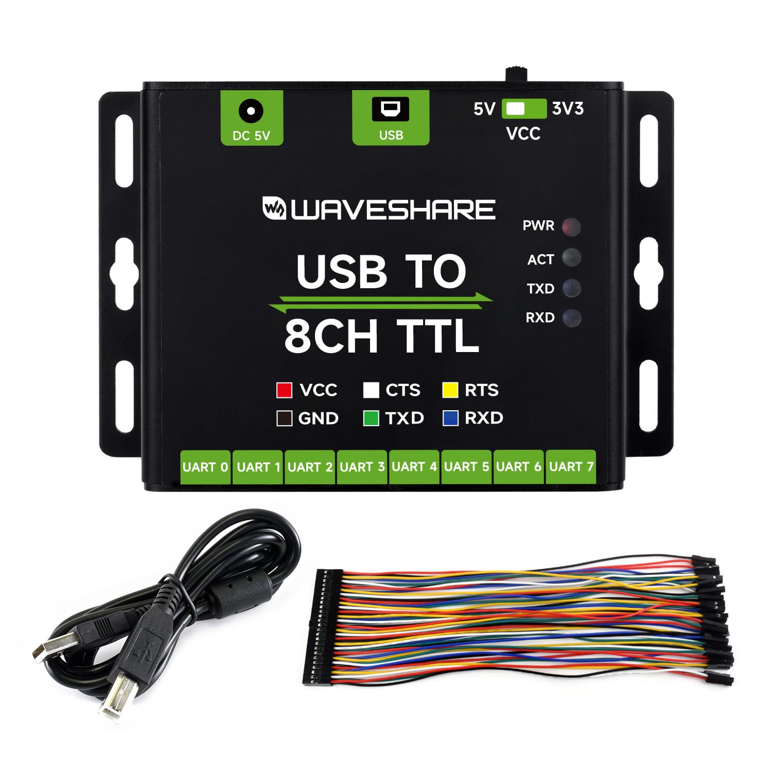 Waveshare Industrial USB to 8CH TTL Converter, USB to UART, Multi Protection Circuits, Multi Systems Support, USB to TTL Adapter