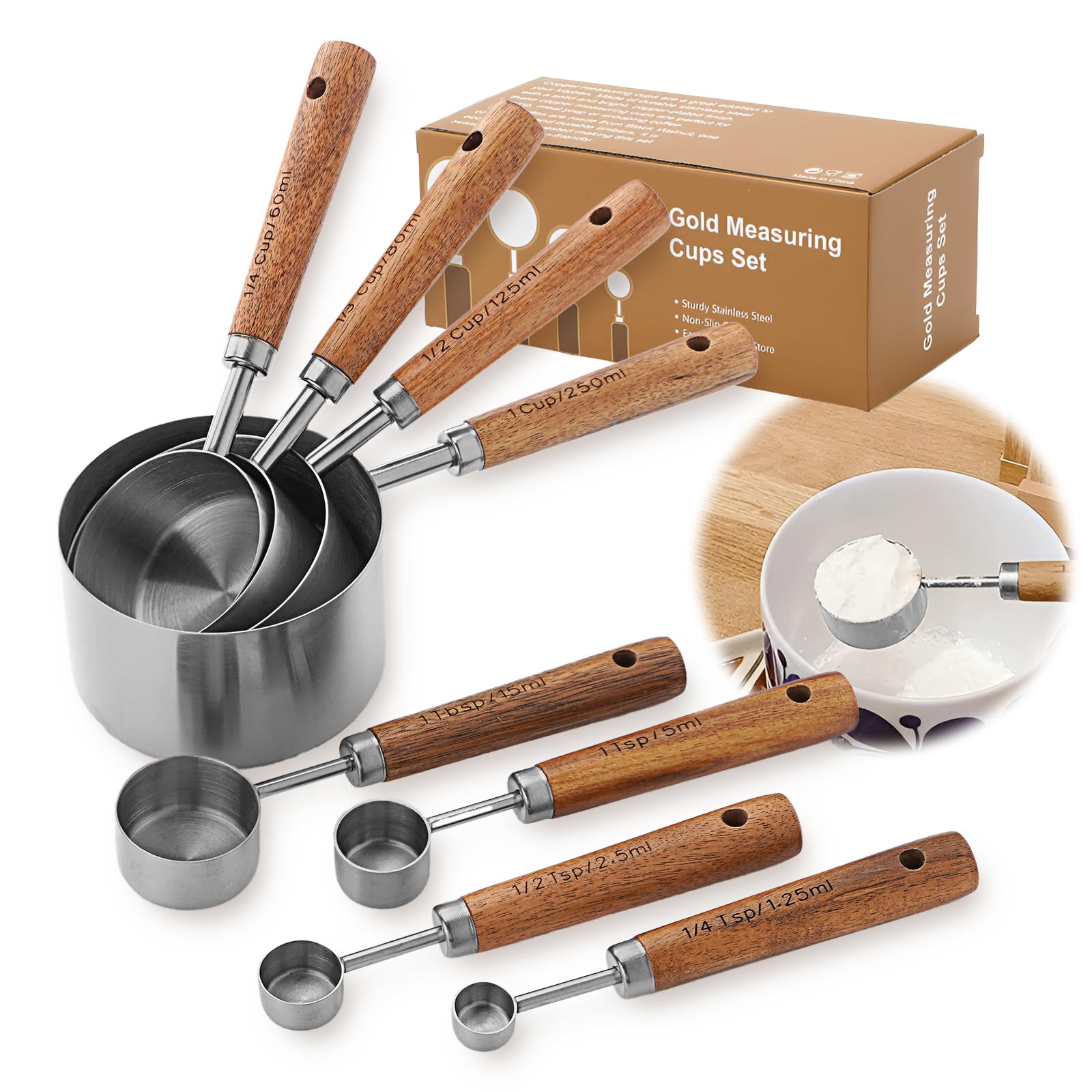Set di 8 misurini e cucchiai con manico in legno (argento8)