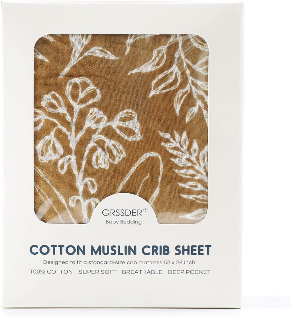 GRSSDER Soft Muslin Crib Sheet 1 Pack, 100% Cotton Crib Sheets for Boys and Girls, Fit Standard Crib Mattresses 52" x 28" Safe and Snug, Yellow Leaves image 4