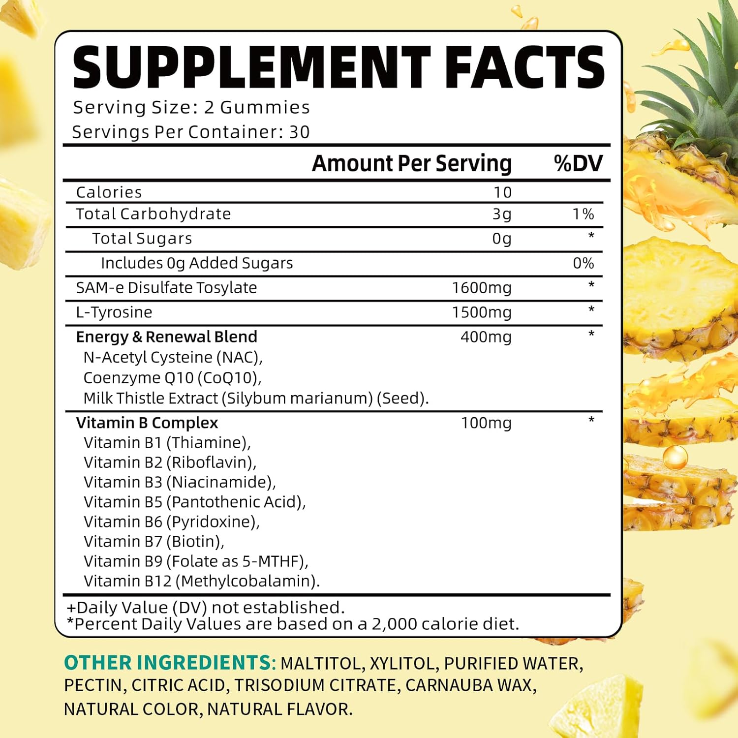 Pack of 2 SAM-e Gummies, Sugar Free 1600mg SAM e Supplement with L-Tyrosine, Vitamin B Complex & NAC, CoQ10, Pineapple Flavor, 120 Count - Image 2