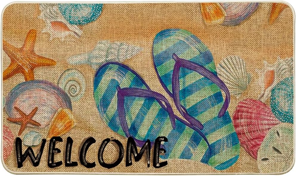 Artoid Mode Shells Beach Flip-Flops Welcome Summer Doormat, Seasonal Summer Holiday Yard Floor Switch Mat for Indoor Outdoor 24x35 Inch