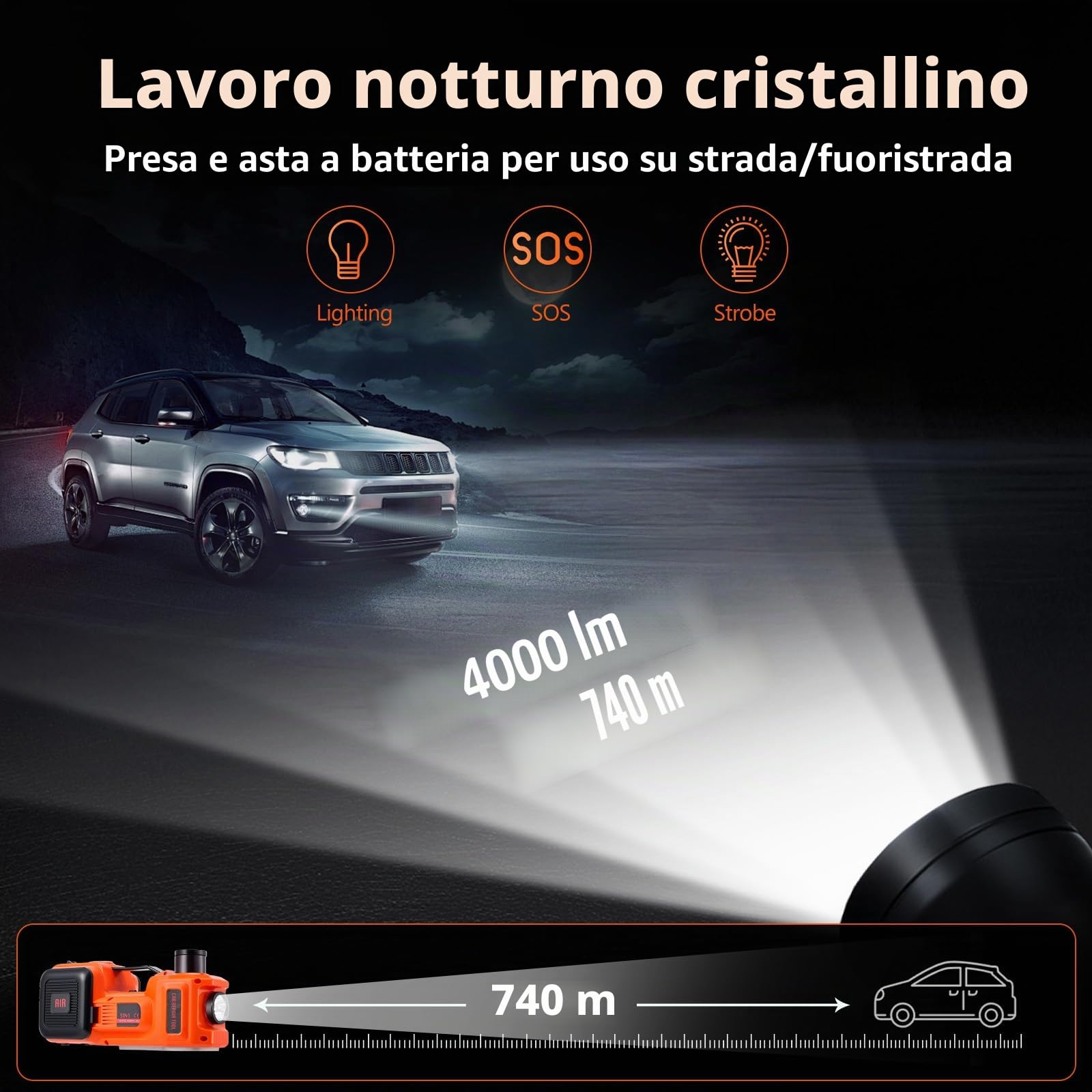 Cric idraulico elettrico 5T 12V 180W con pompa gonfiabile e luce LED 150-540 mm per auto SUV