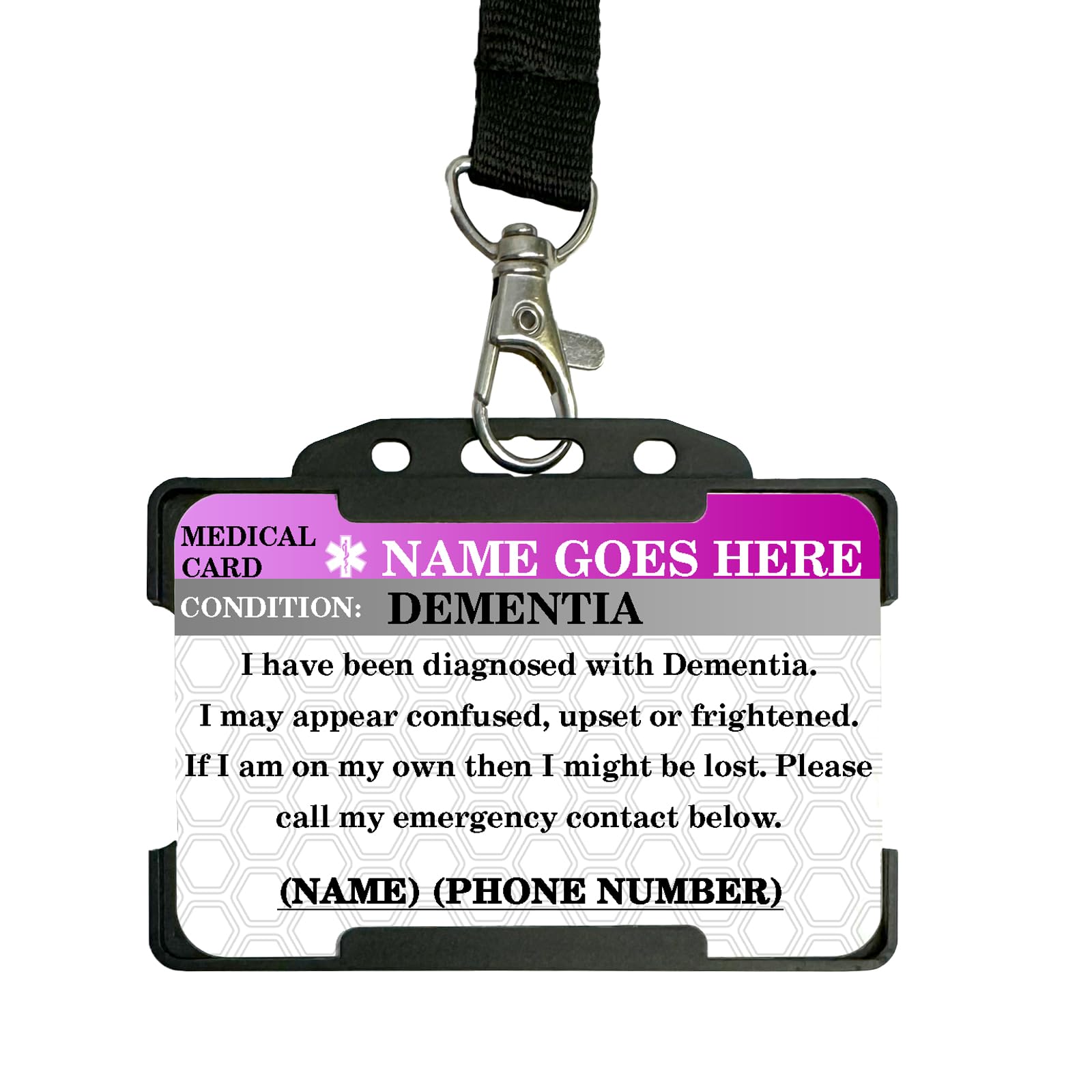 Dementia | Personalised Printed Metal ID Card/Wallet Insert | Lanyard & Card Holder Included