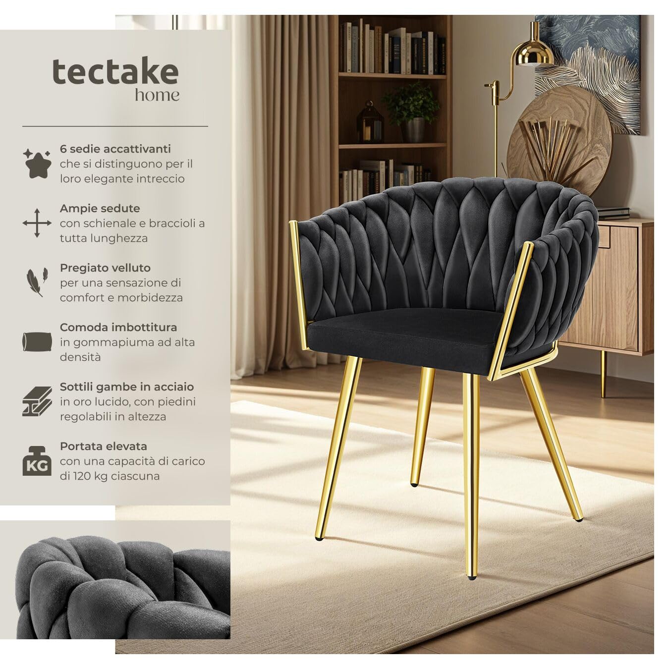 tectake® Set di 6 Sedie da Pranzo con Braccioli, Sedie Soggiorno in Velluto Extra Fine, Design Elegante a Nodo, Poltrone Velluto con Morbida Imbottitura, Sedie per Sala da Pranzo Versatili - Nero/Oro