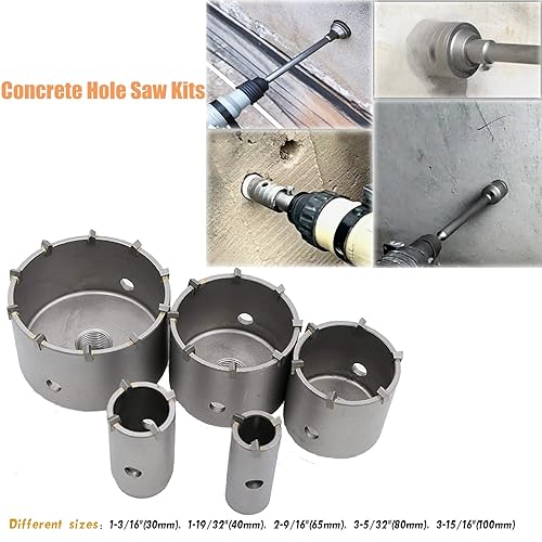 Miniatura 5 de 10 piezas SDS Plus Kit de sierra de agujero de hormigón, cortador de agujeros de pared de carburo de tungsteno, juegos de brocas de piedra de