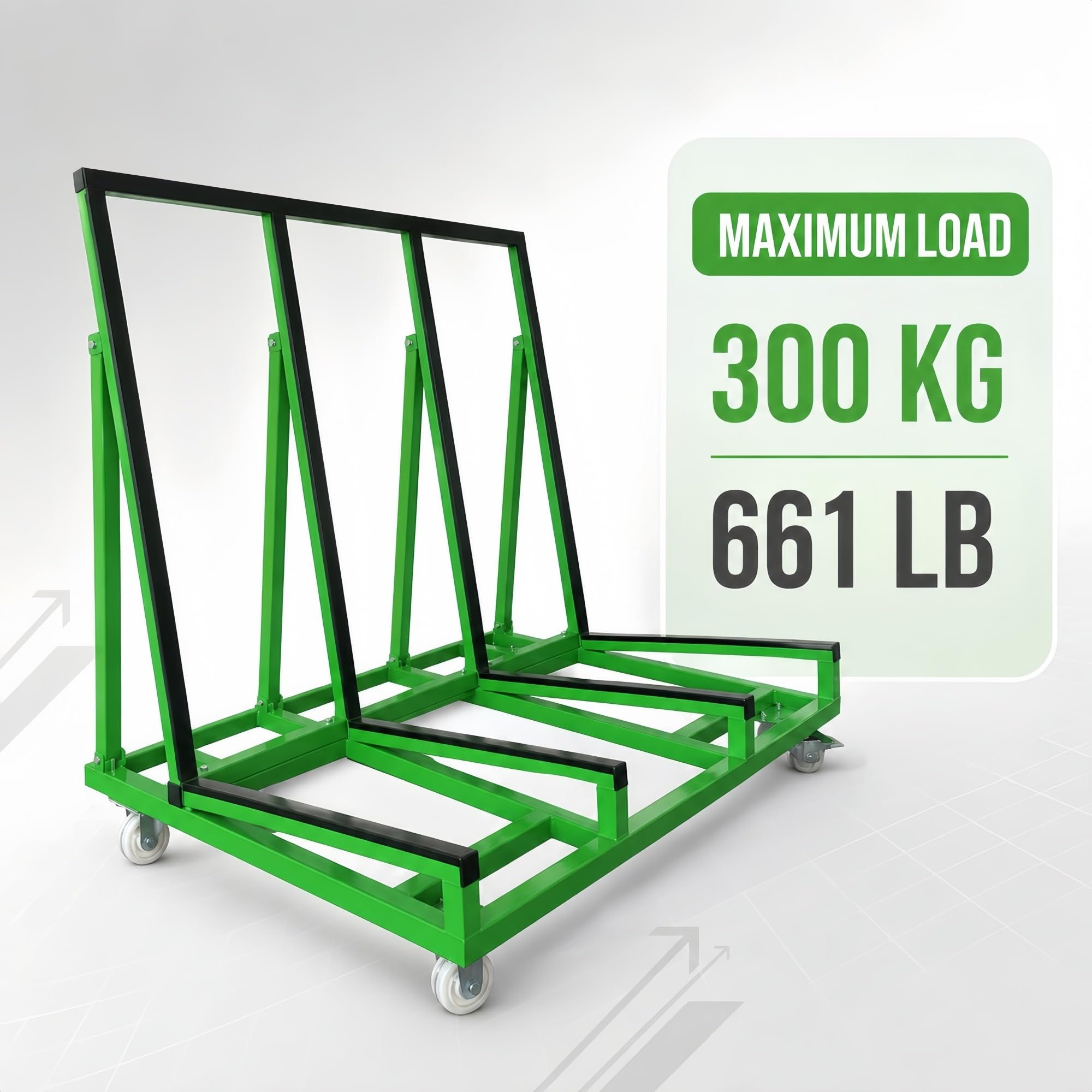 Plattenwagen mit Neigrahmen for Gipskarton, Glas, Steinplatten und Türen | PVC-Kontaktstreifen und vier Rollen for kontrolliertes Bewegen und Abstellen(Green)