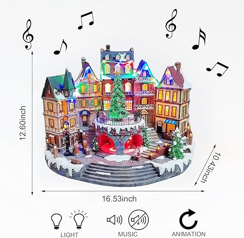 Miniatura 4 de MOMENTS IN TIME Figura animada del ayuntamiento del centro de la ciudad 32 cm Edificio iluminado de pueblo navideño con árbol giratorio, luces LED