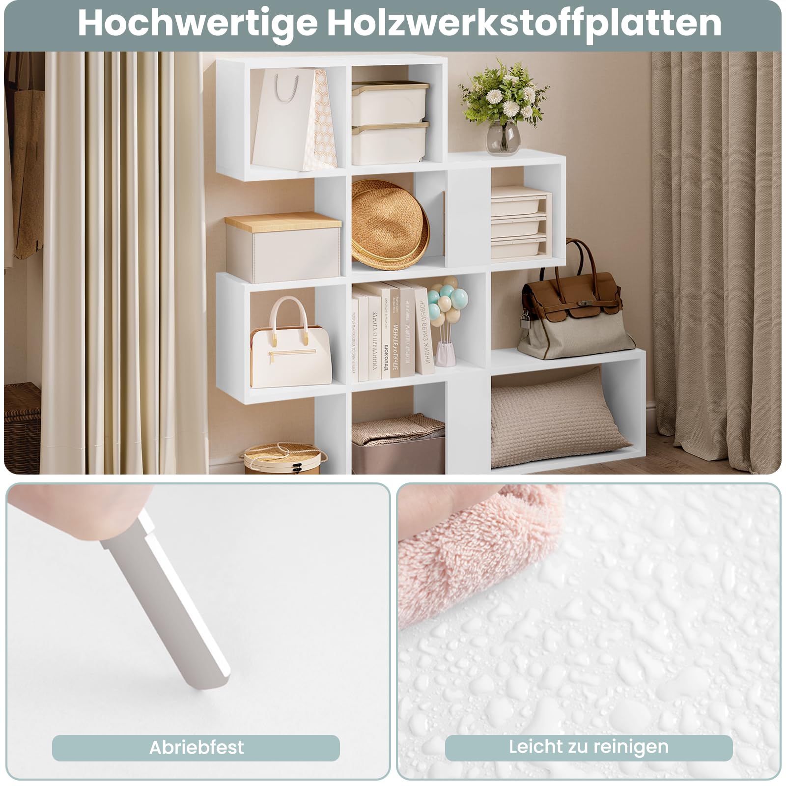 eSituro Bücherregal 4 Ebenen, Raumteiler Regal mit 11 offenen Fächern, freistehendes Treppenregal, Standregal, Stufenregal, für Wohnzimmer, Schlafzimmer, Büro, 115x109,5x19,5 cm, weiß