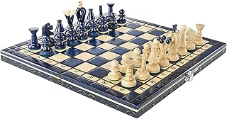 Handmade European Wooden Chess Set with Wood Chess Pieces – Decorative Box with Storage Tray – Rustic Classic Board Game (Royal 30 Blue)