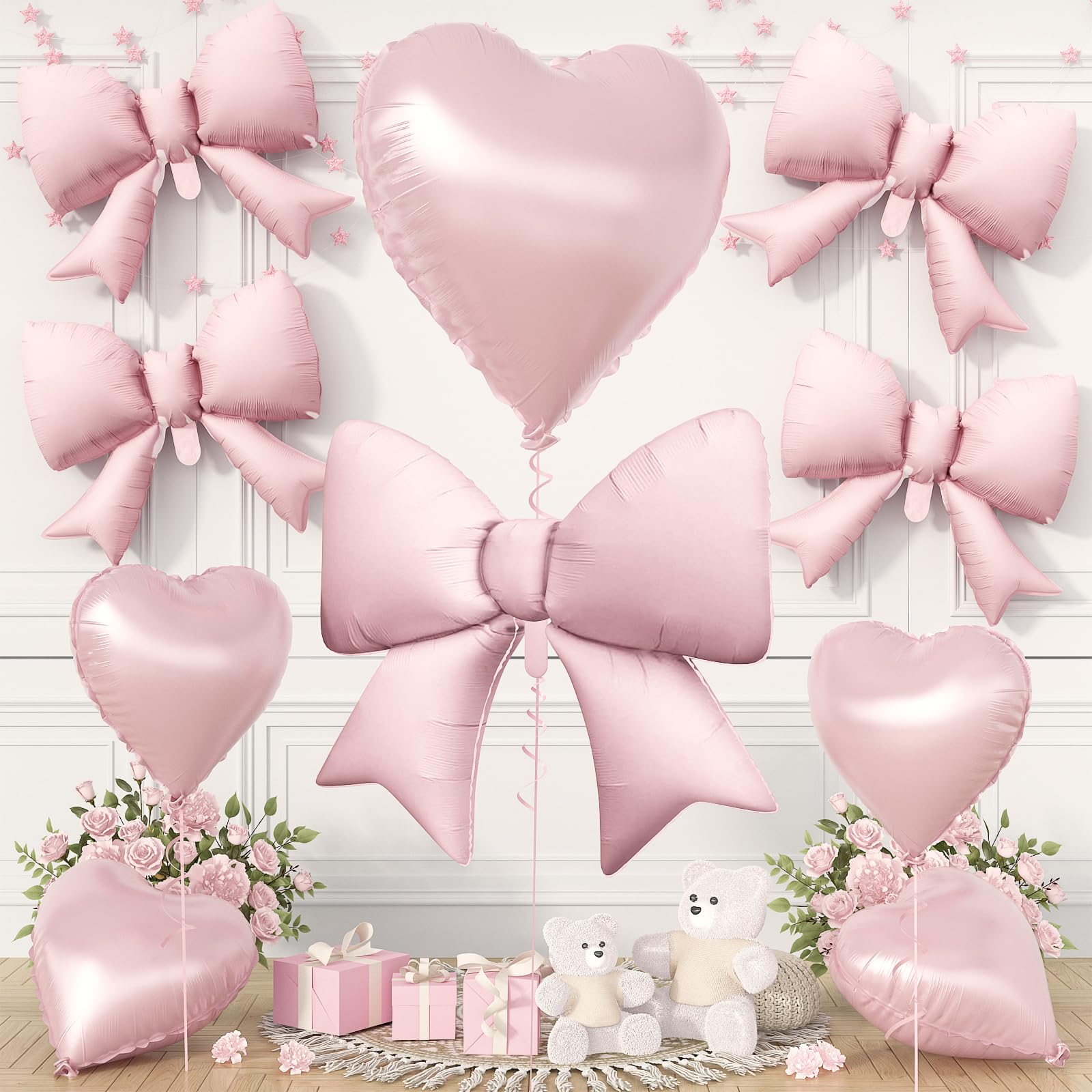 Pink Heart Balloons, Large Bow Foil Balloons, 10Pcs 18 Inch 32Inch Heart Shaped Balloon and 38Inch 21Inch Bow Balloon Set for Girls Women Birthday Wedding Baby Shower Bridal Party Decor