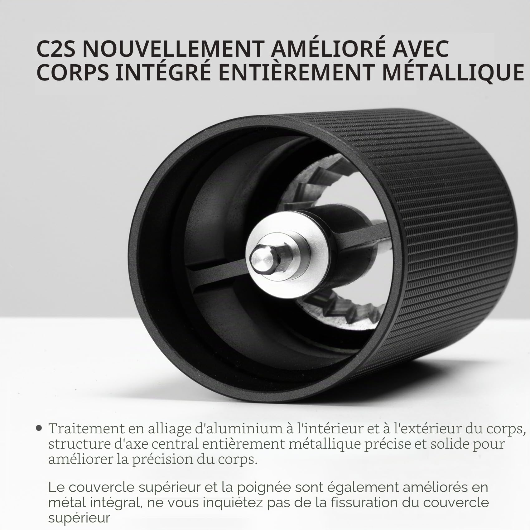 TIMEMORE Chestnut C2S Moulin à café manuel Capacité 25 g avec fraise conique en acier inoxydable CNC, réglage interne réglable, double positionnement de roulement, moulin à café manuel C2S noir