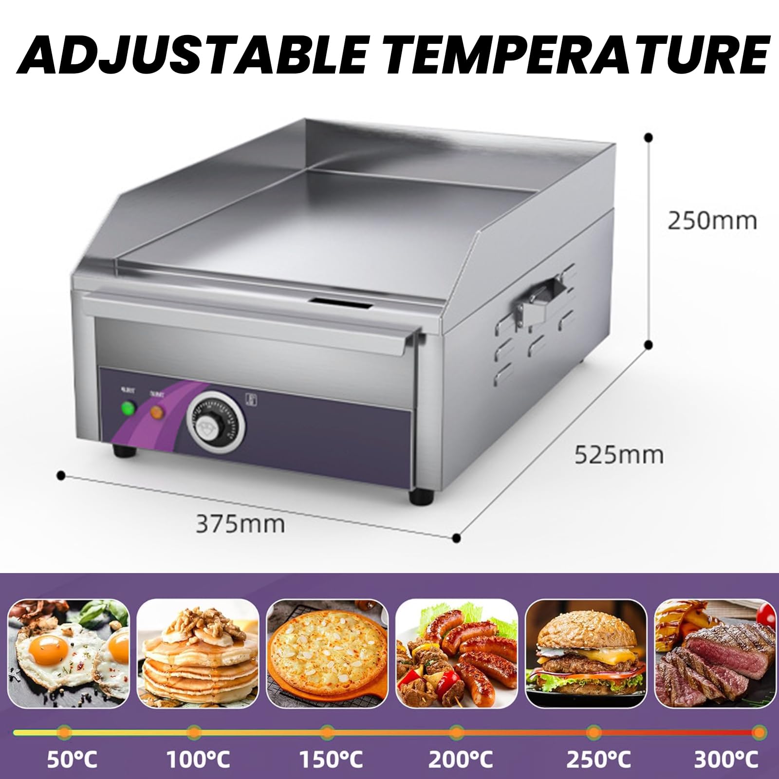 Piastra Elettrica Griglia Commerciale 13,7" con Manico, Piastra Liscia Elettrica da Banco 2500W Piastra Cottura Teppanyaki in Acciaio Inox per Cucina Temperature 50-300℃
