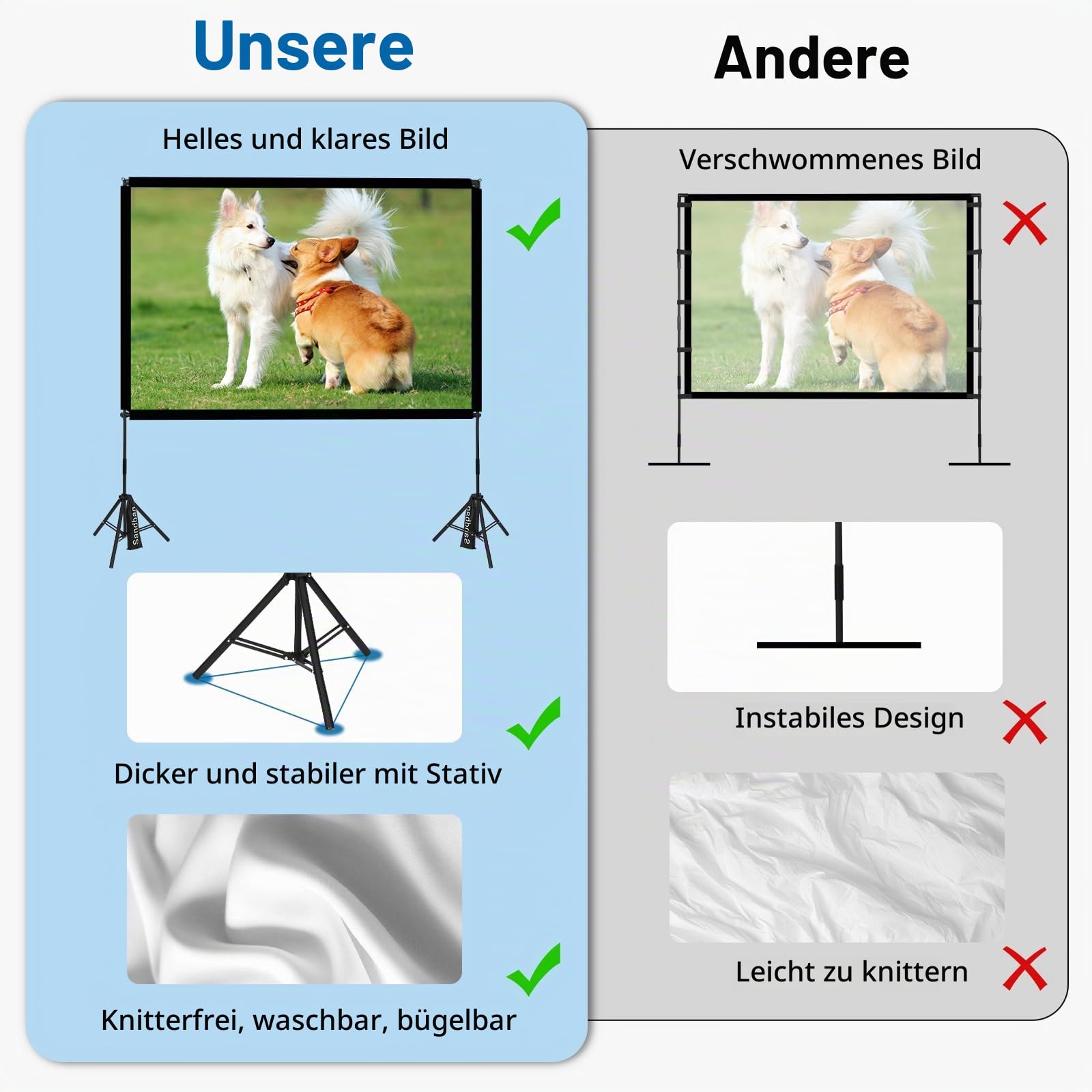 Beamer Leinwand mit Stativ 100 Zoll, 16:9 HD faltfrei für Garten & Camping