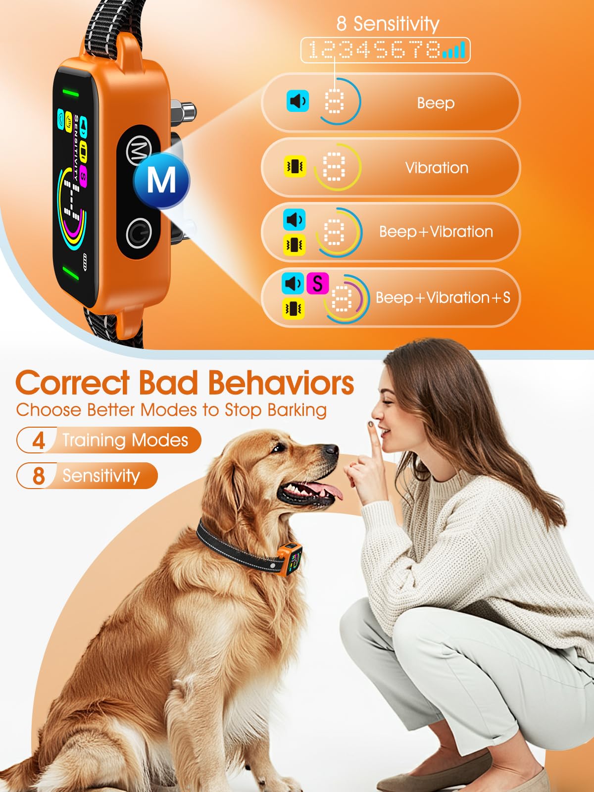 DINJOO Collare per cani di taglia grande, media e piccola – Smart AI 1S smette di abbaiare, dispositivo anti-abbaio e collare per addestramento cani con segnale acustico, vibrazioni e sensibilità a 8