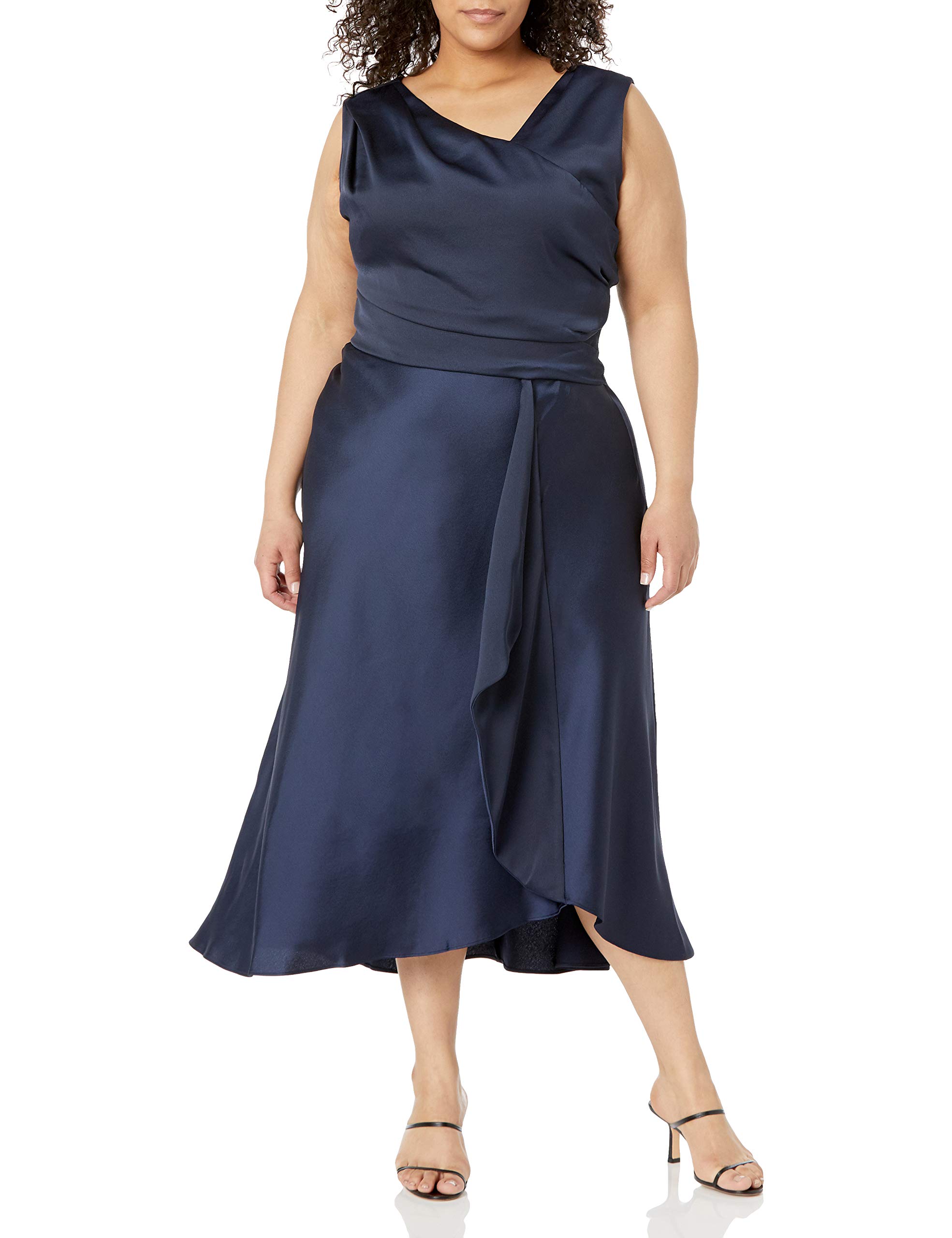 womens Plus Size Sleeveless Asymmetric Neck Solid Ruffle Skirt Fit and Flare Midi Satin Back Crepe Dress Dress