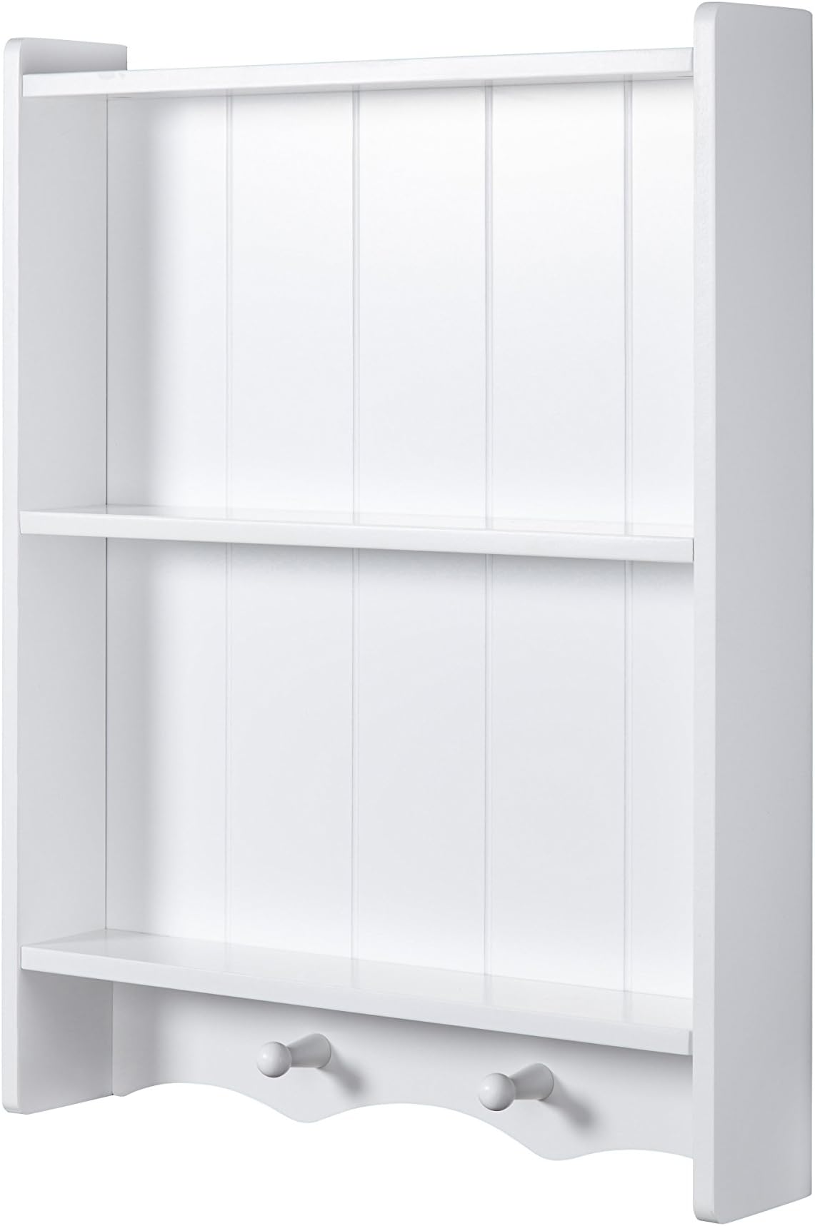 Bathroom Storage Shelf Cabinet - White Wooden and Wall Mounted – Tongue and Groove Style, 3 Tier and 2 Hanging pegs - Maya Range by Elegant Brands