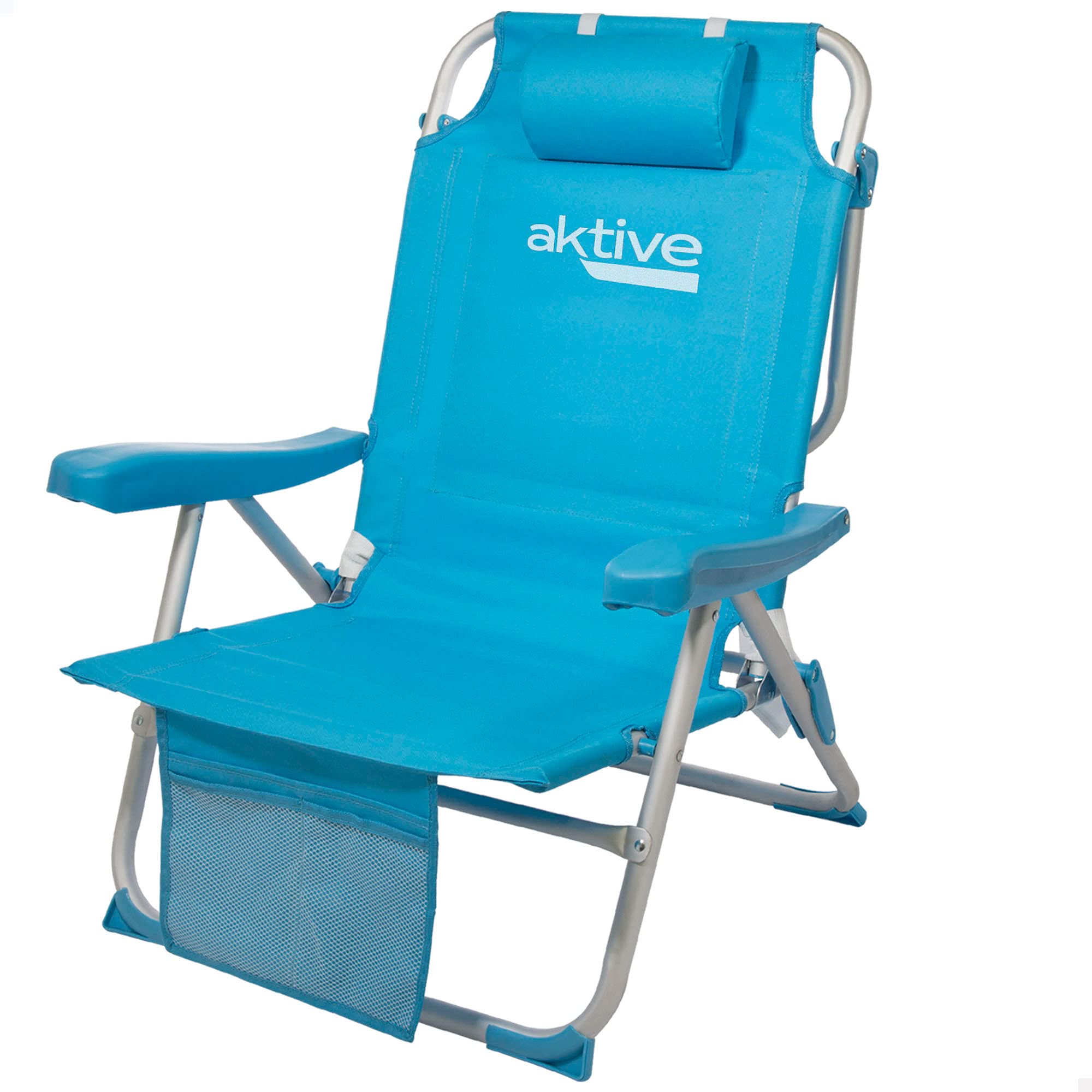 AKTIVE Silla plegable de playa 49 x 58 x 80 cm, con cojín, tipo mochila, respaldo reclinable, con dos bolsillos, color azul pastel (53983)