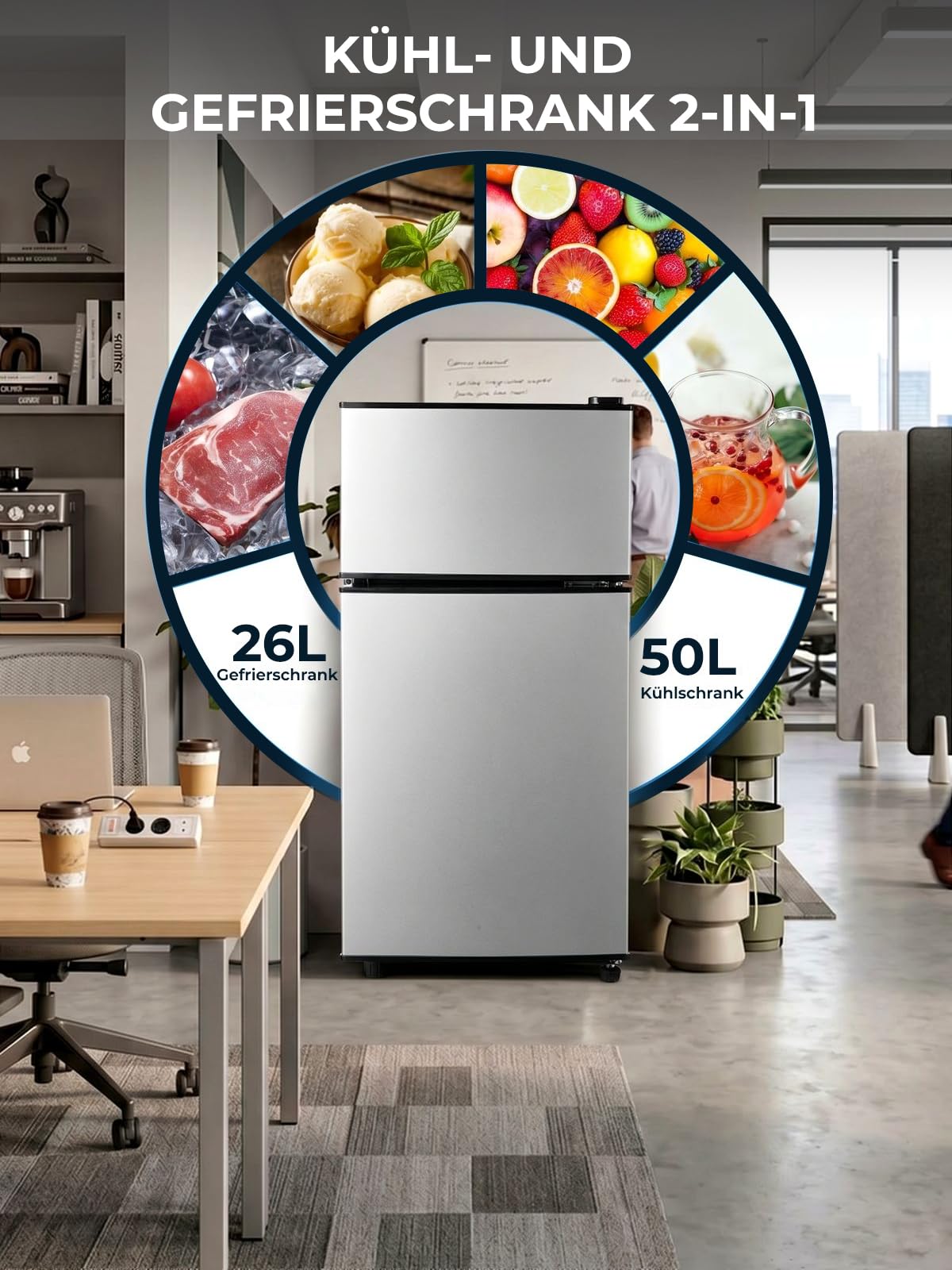 FOHERE Mini Frigorifero con Congelatore 76L, Frigo Piccolo Doppia Porta Silenzioso (50L+26L) per Camera da Letto e Monolocale, Mini Bar per Bevande e Gelati a Risparmio Energetico, 43dB