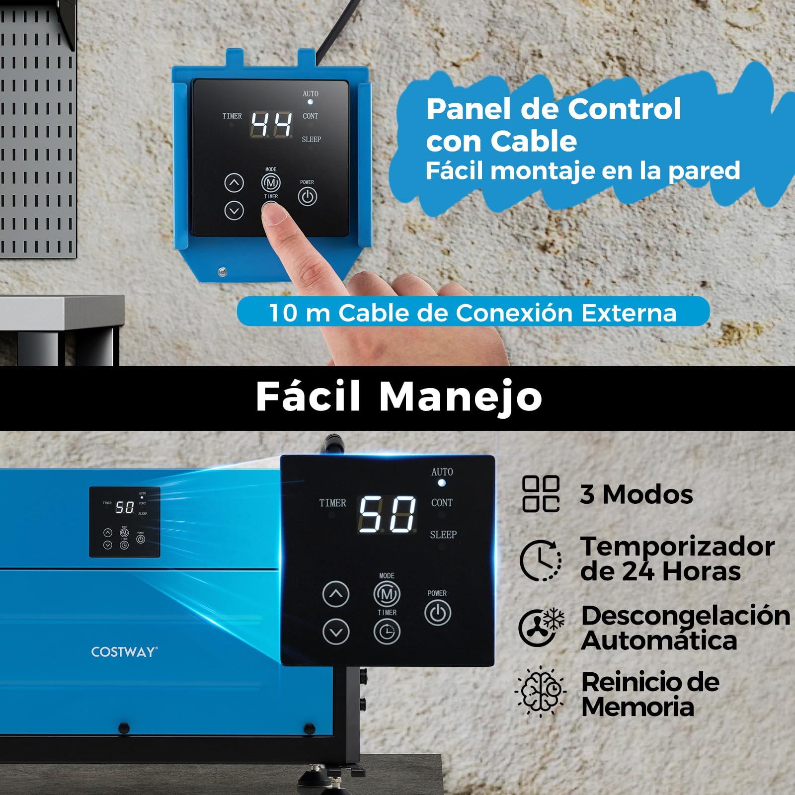 COSTWAY Deshumidificador Industrial de 73,5 L/Día, Deshumificadores de Humedad Silencioso con 3 Modos y Temporizador de 24H, Manguera de Drenaje y Descongelación Automática, Azul