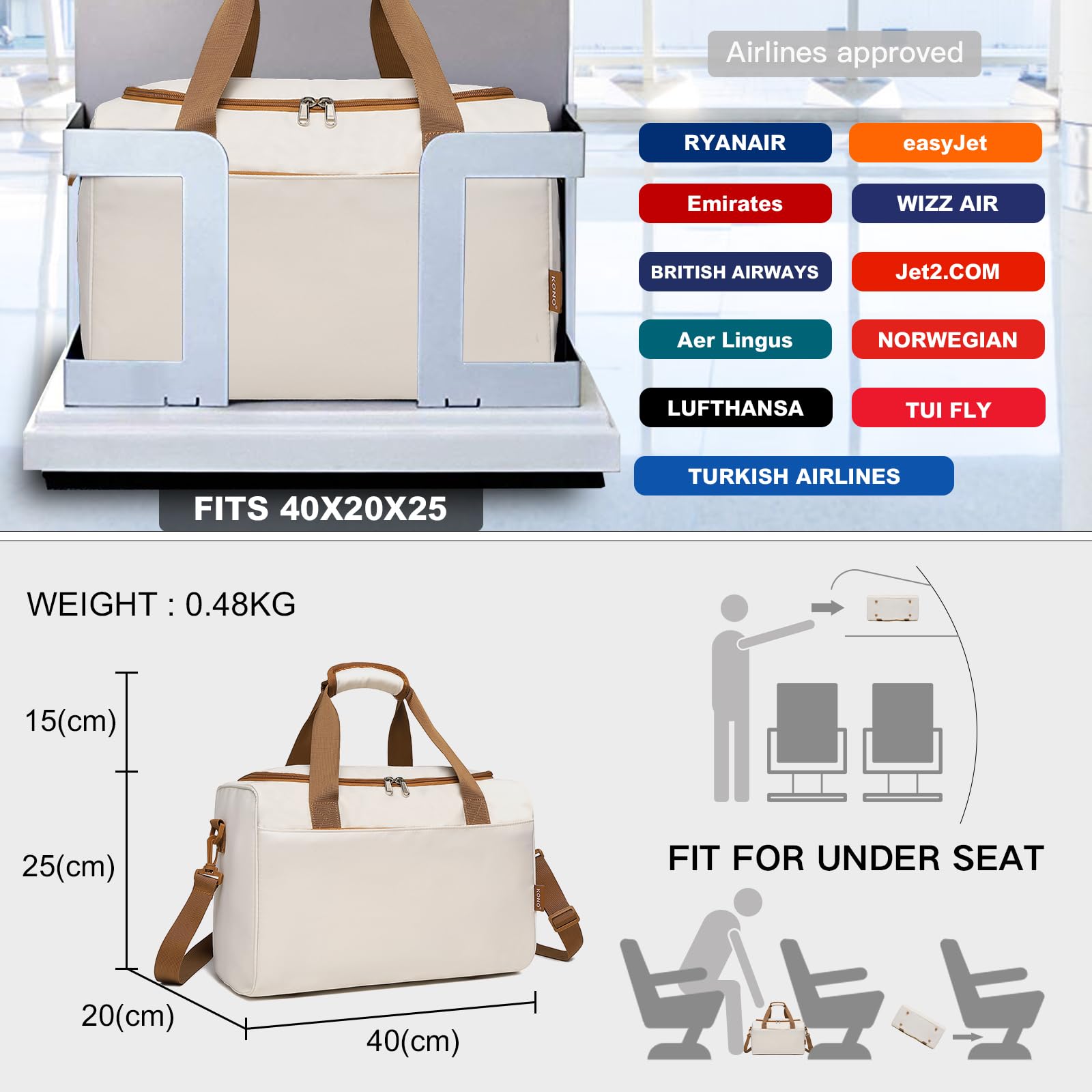 KONO Borsa Bagaglio a Mano 40x20x25 per Ryanair Borsone da Viaggio con Manica per Trolley Borsa Sportiva 20L, Beige