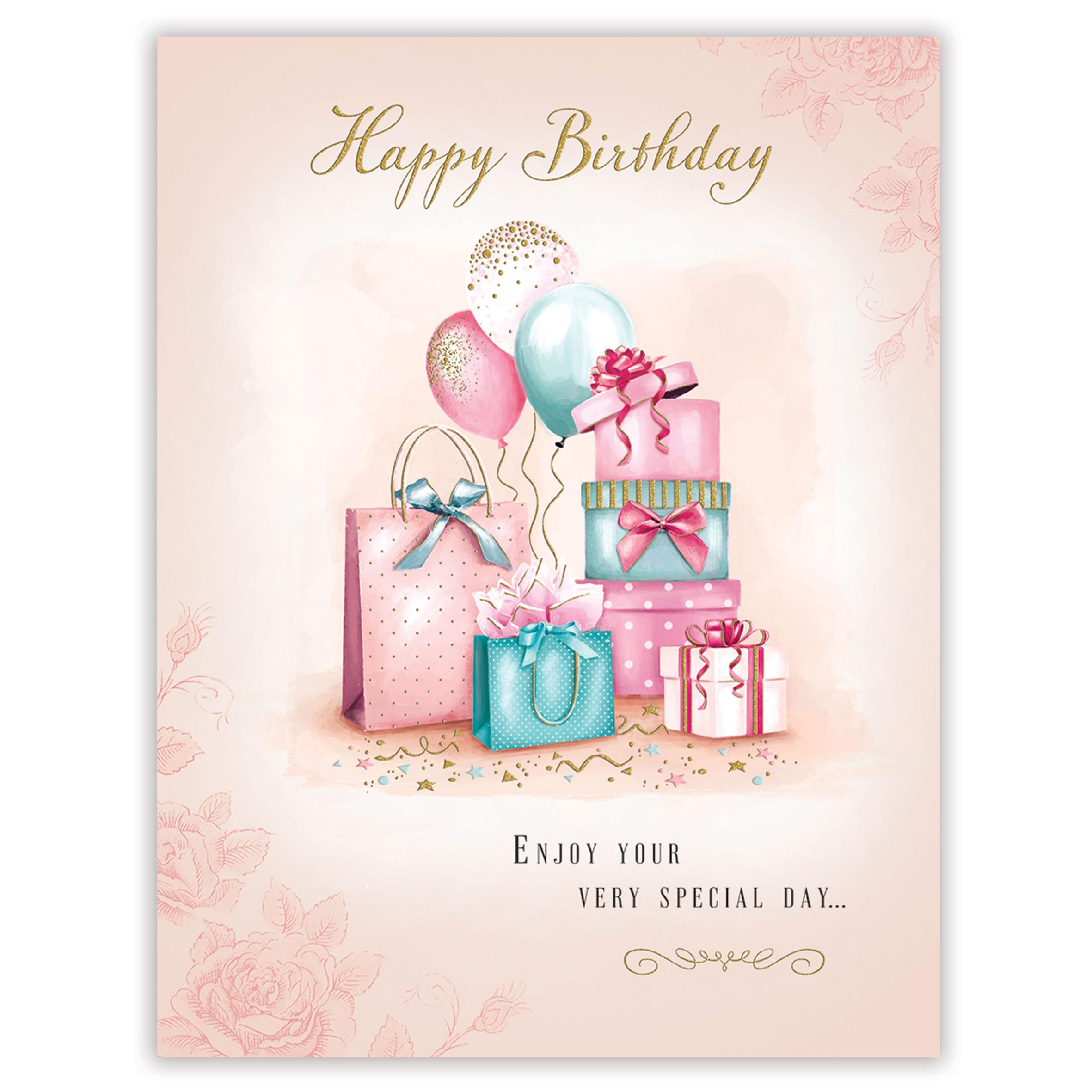 Birthday Card or Female. Balloons and Presents Design. 19x13cm