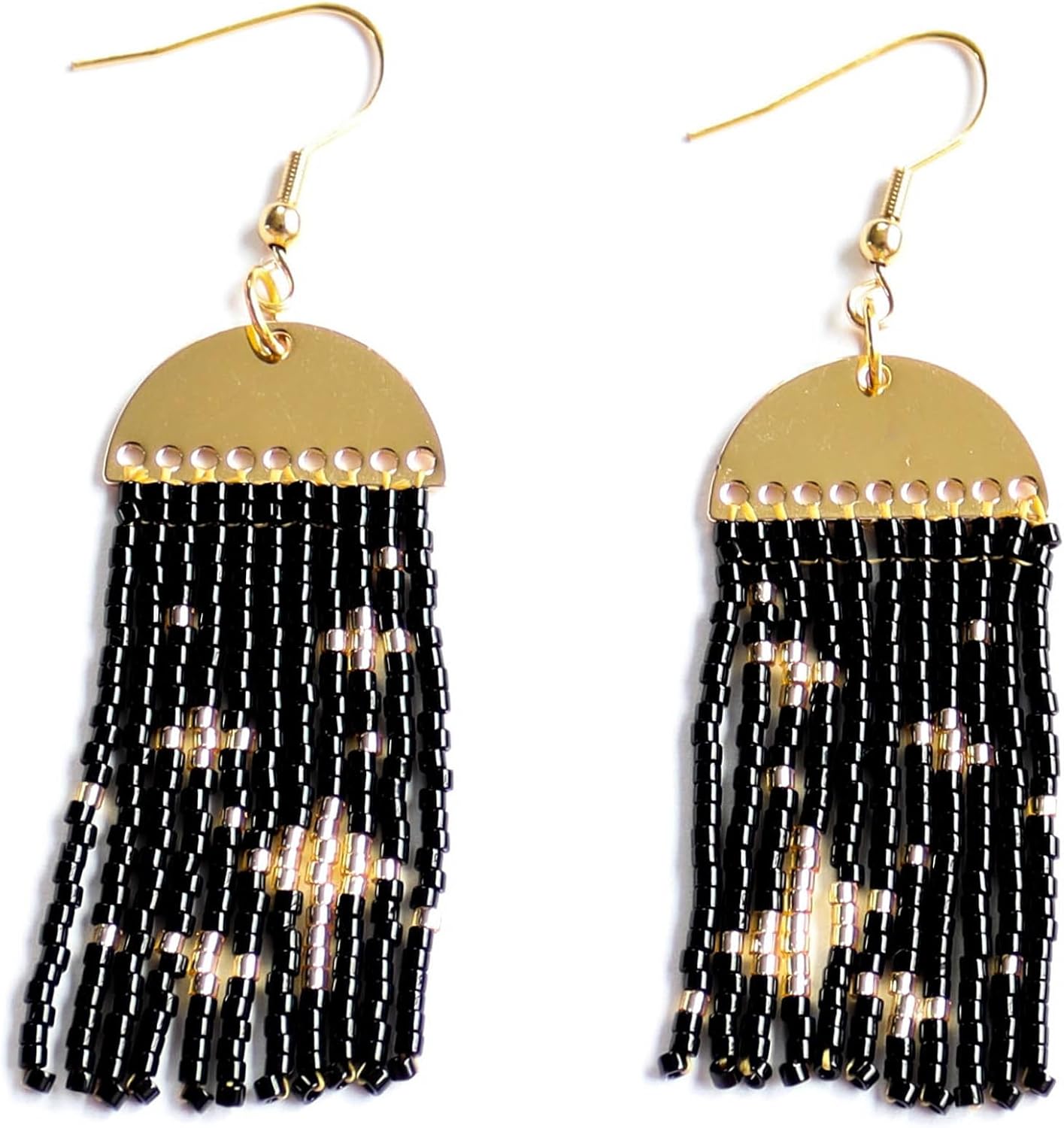 Dangle Seed Bead Fringe Earrings for Women – Stars Black & Gold Boho Beaded Earrings with Star Design – Handmade Lightweight Jewelry by Embera Bead Project – Hypoallergenic