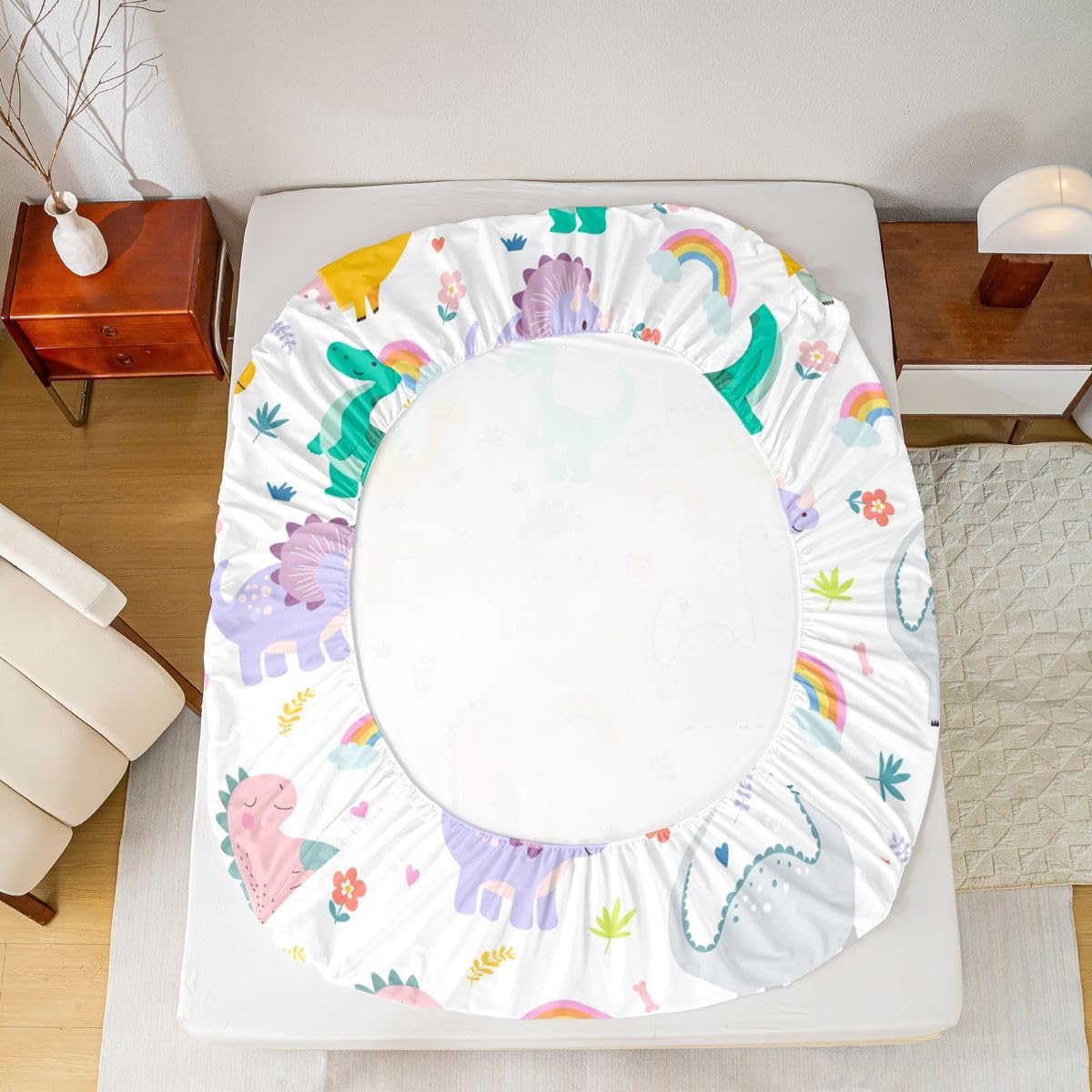 Homewish Juego de sábanas de dinosaurio verde y blanco tamaño King