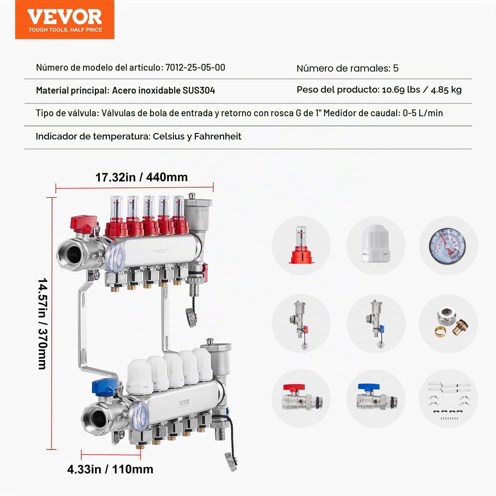 VEVOR Colector de Calor Radiante de 5 Derivaciones, Colector de Tubería PEX de Acero Inoxidable SUS304 para Calefacción por Suelo Radiante Hidrónico, con Adaptadores, 440 x 370 x 110 mm, 0-5 L/min