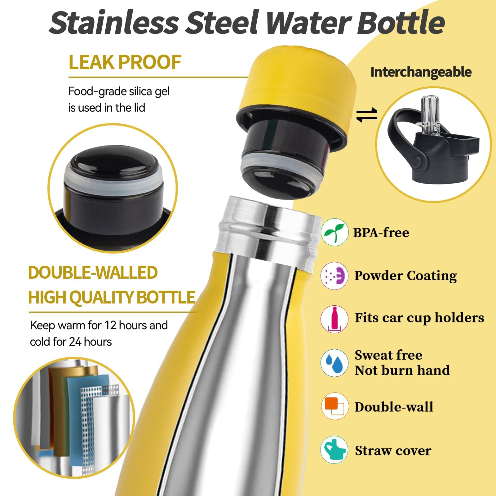 Botella de agua aislada, paquete de 2 botellas de agua de acero inoxidable de 9 onzas con tapa de popote, termo deportivo de metal para niños, niñas, termo de doble pared al vacío sin BPA para la