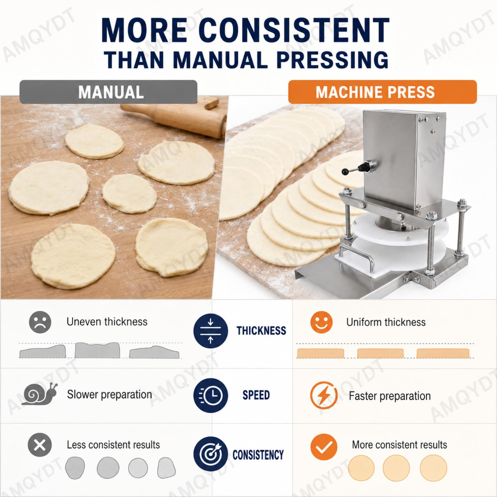Pressa elettrica per impasto, in acciaio inox, con piastra da 22 cm, pressione 2000N, pressatore per impasto non riscaldante, per pizza, tortilla, tortilla, pasticceria
