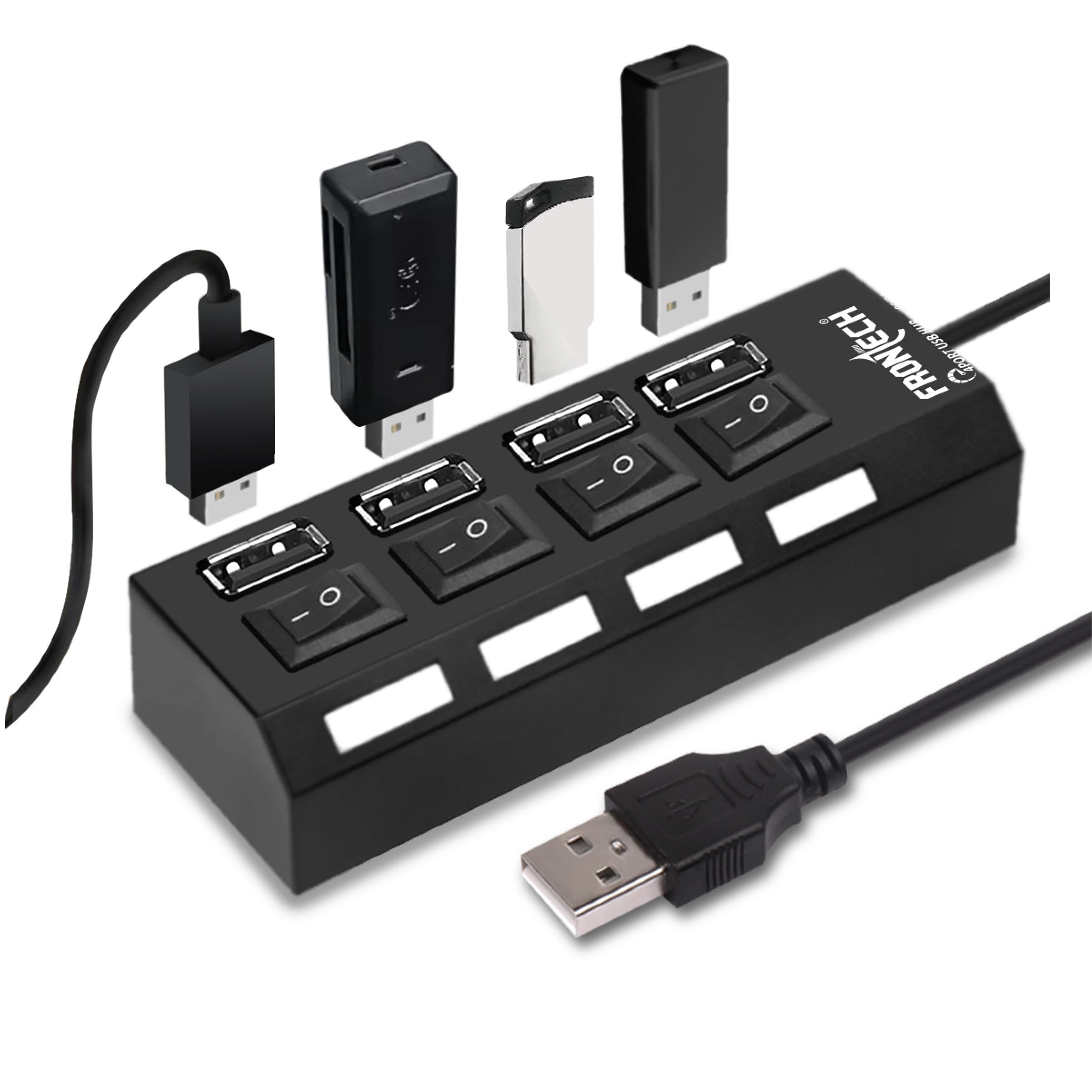 Frontech 2.0 USB Hub with 4 Port | Switches & LED Indicators | Extra Power Support|480 Mbps Speed - Each Port|Fuse Protection for PC, USB Flash Drives (NC-0033, Black)