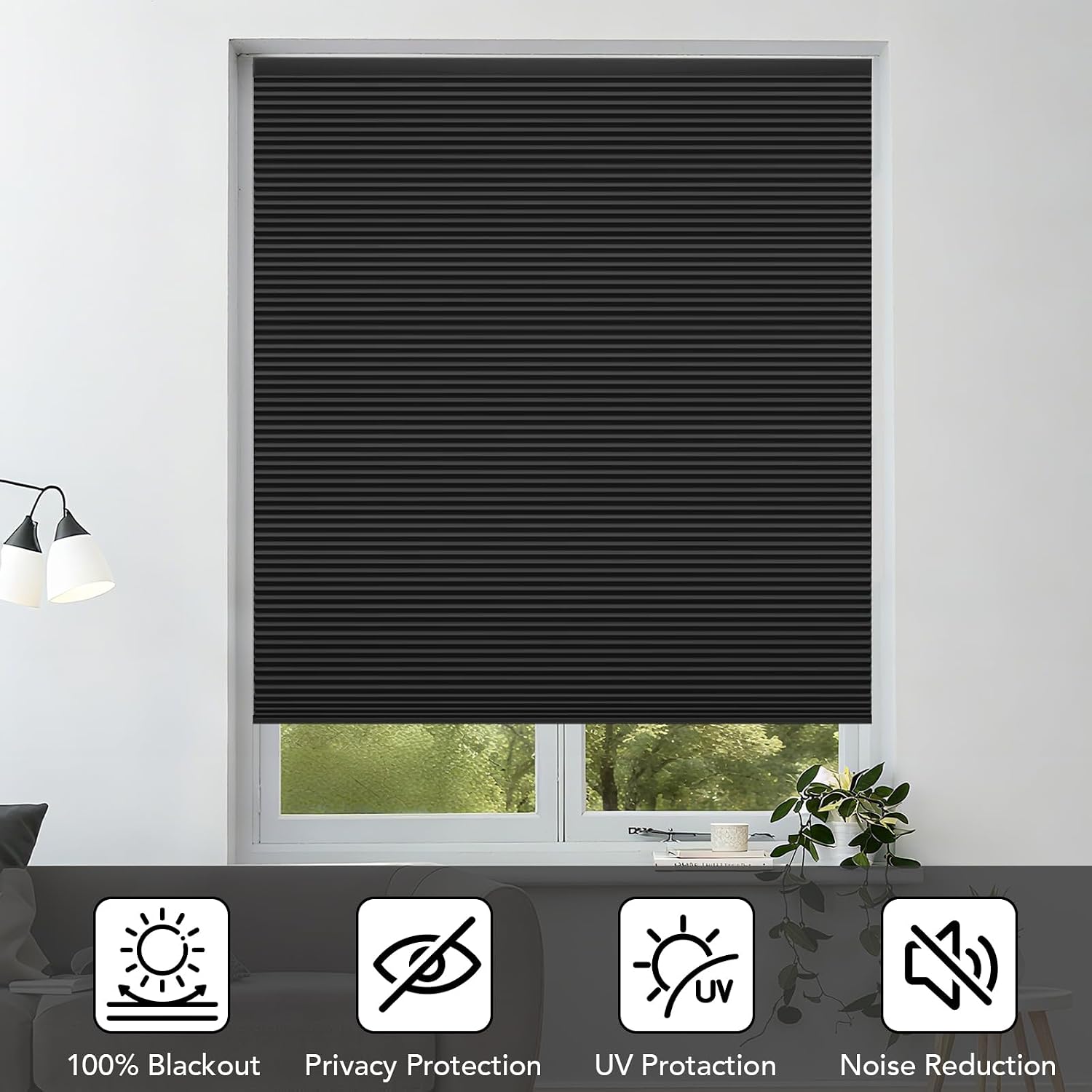 KANAGAWA Cordless Cellular Shades,34"W x 48"H,Black Honeycomb Window Blinds