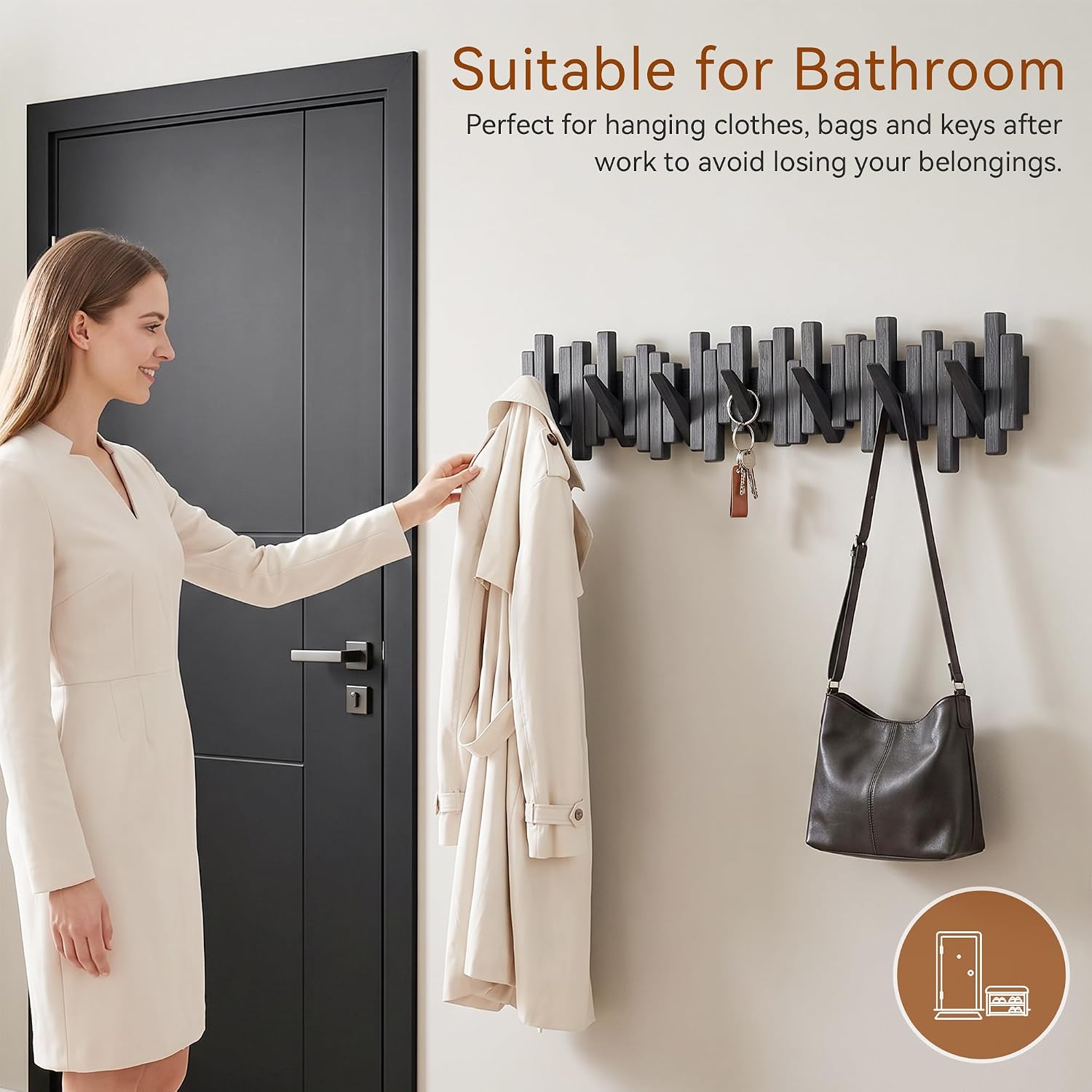 Coat Rack Wall Mount Piano Flip Down Wall Hook Rack 5 Hooks Oak | Natural Wood Handmade Unique Hanger for Coats Bag Hat Umbrella key Wall Art In the foyer living room bedroom bathroom office