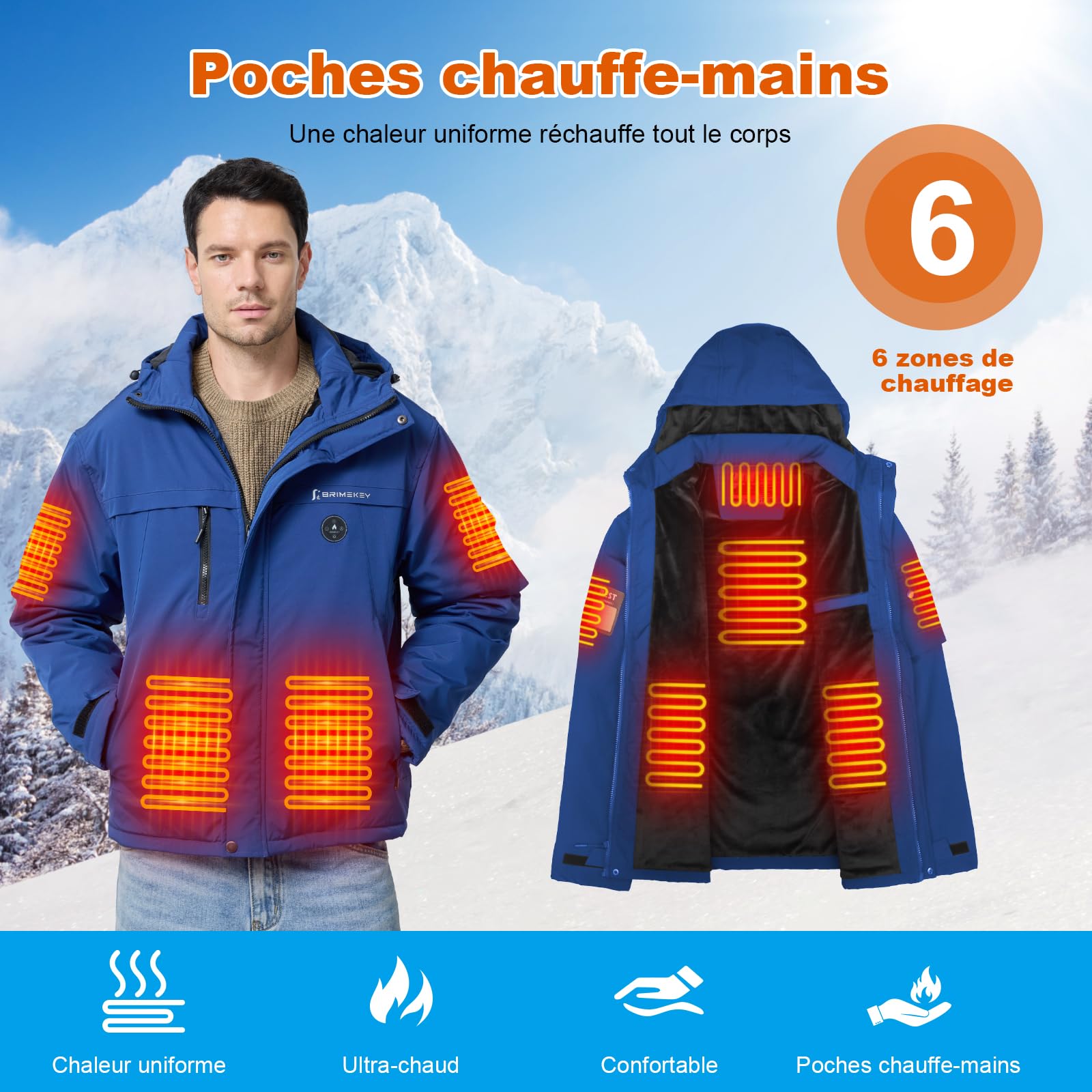 Veste Chauffante Homme Batterie HD 20000mAh 7.4V 6 Zones de Chauffe 3 Températures Imperméable Coupe-vent Hiver Camping Ski