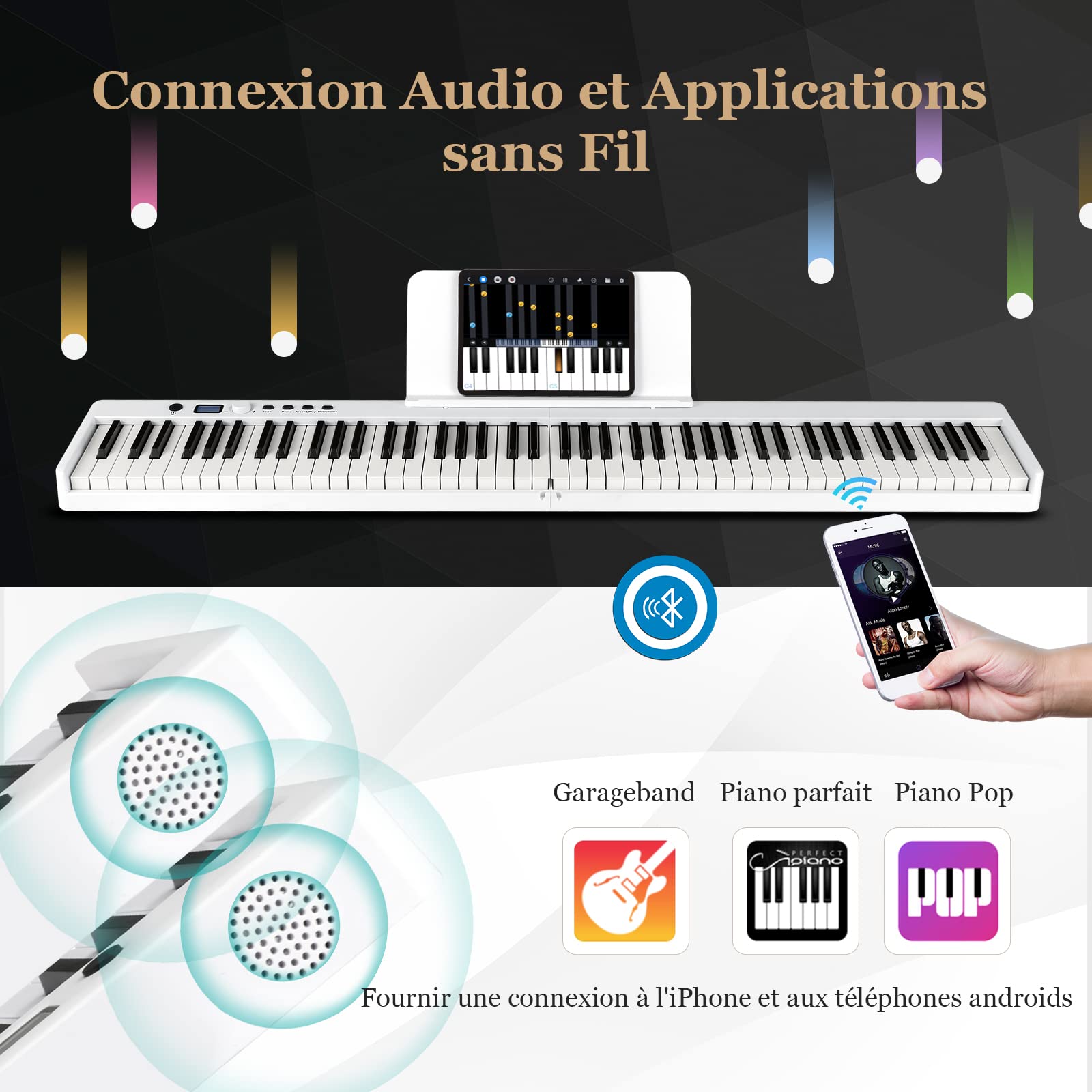 COSTWAY Piano Numérique Pliable à 88 Touches avec Pupitre,Clavier Electrique Portable avec Touche Lumineuse,2 Modes d'Apprentissage, MP3/USB/MIDI, Débutant Enfants de 3 Ans+ (126x20,5x6cm Blanc)