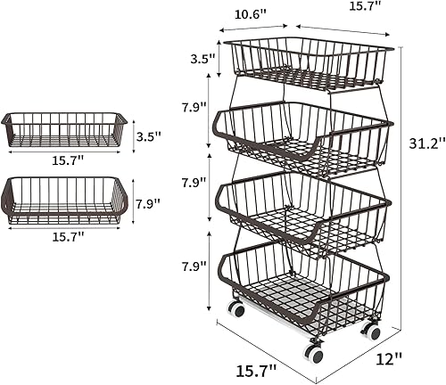 Miniatura 6 de Miyawell Cesta de almacenamiento de frutas y verduras para cocina - Carrito de cestas apilables de alambre de metal de 4 niveles con ruedas Bronce