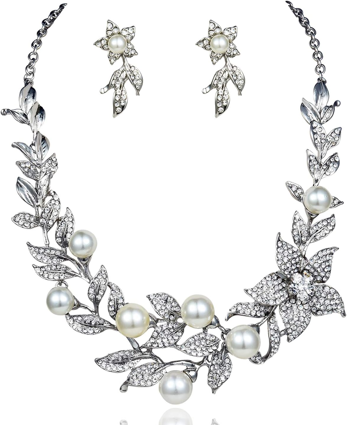 Sexy Flower Faux Pearl Austrian Rhinestones Bib Necklace Earrings Set Prom N924