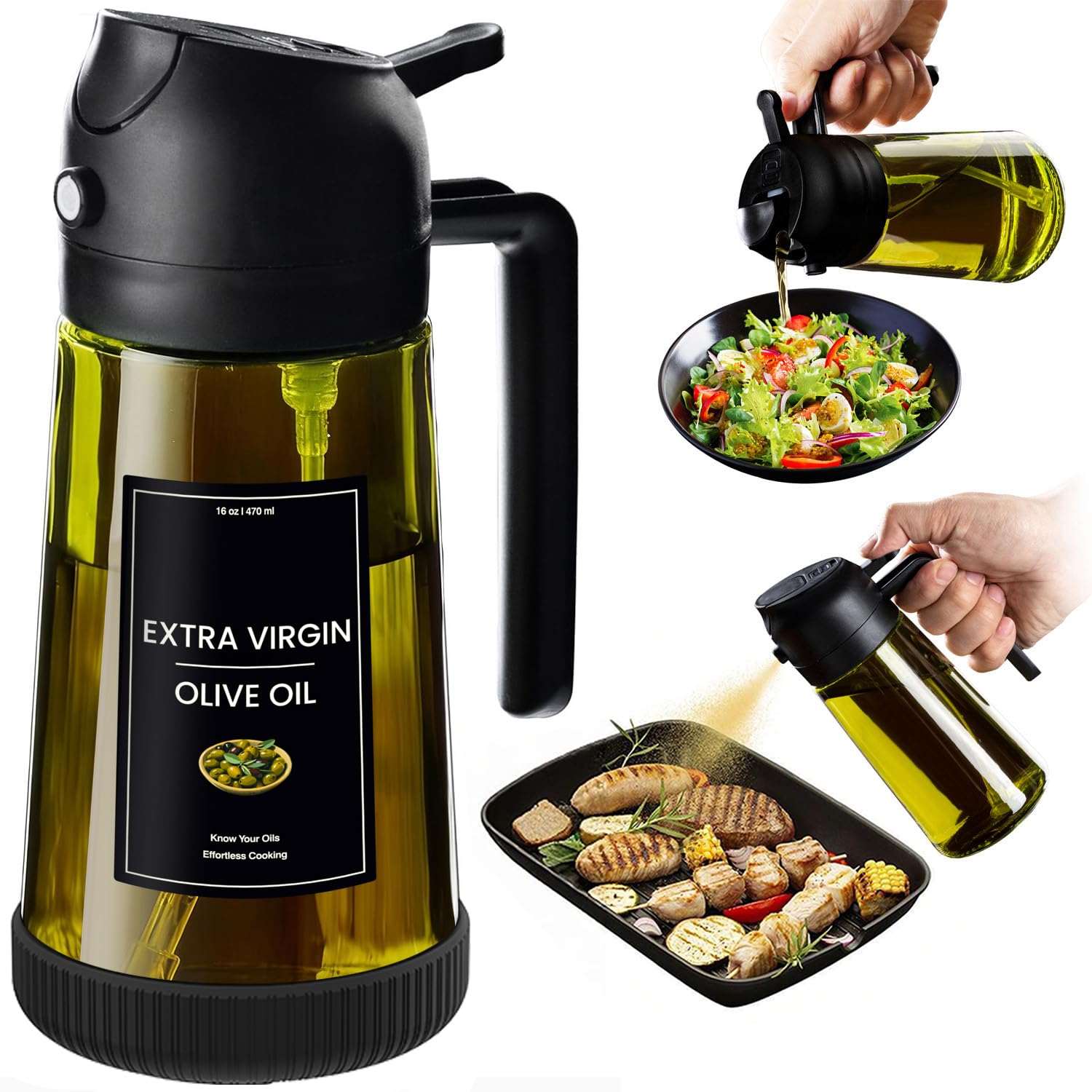 CXINYI 470ml Öl Sprühflasche, 2-in-1 Ölsprüher mit Silikonmatte Schwarz