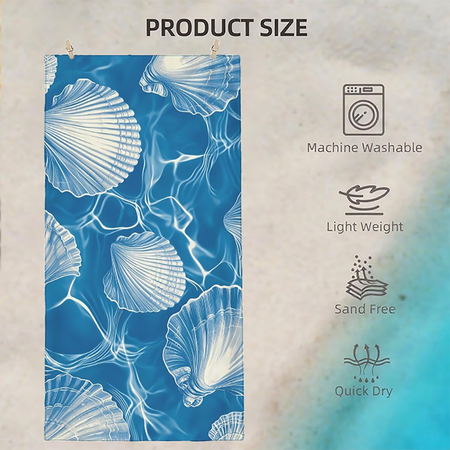 Toalla Playa Microfibra 150x200 Caparazón Diseño Absorbente Sin Arena Toalla Playa, con Cuerda Elástica, Ligero, Hombre, Mujer Ideal Toallas de Baño, Aplicable Gimnasio,Viajes, Natación, Azul p-428